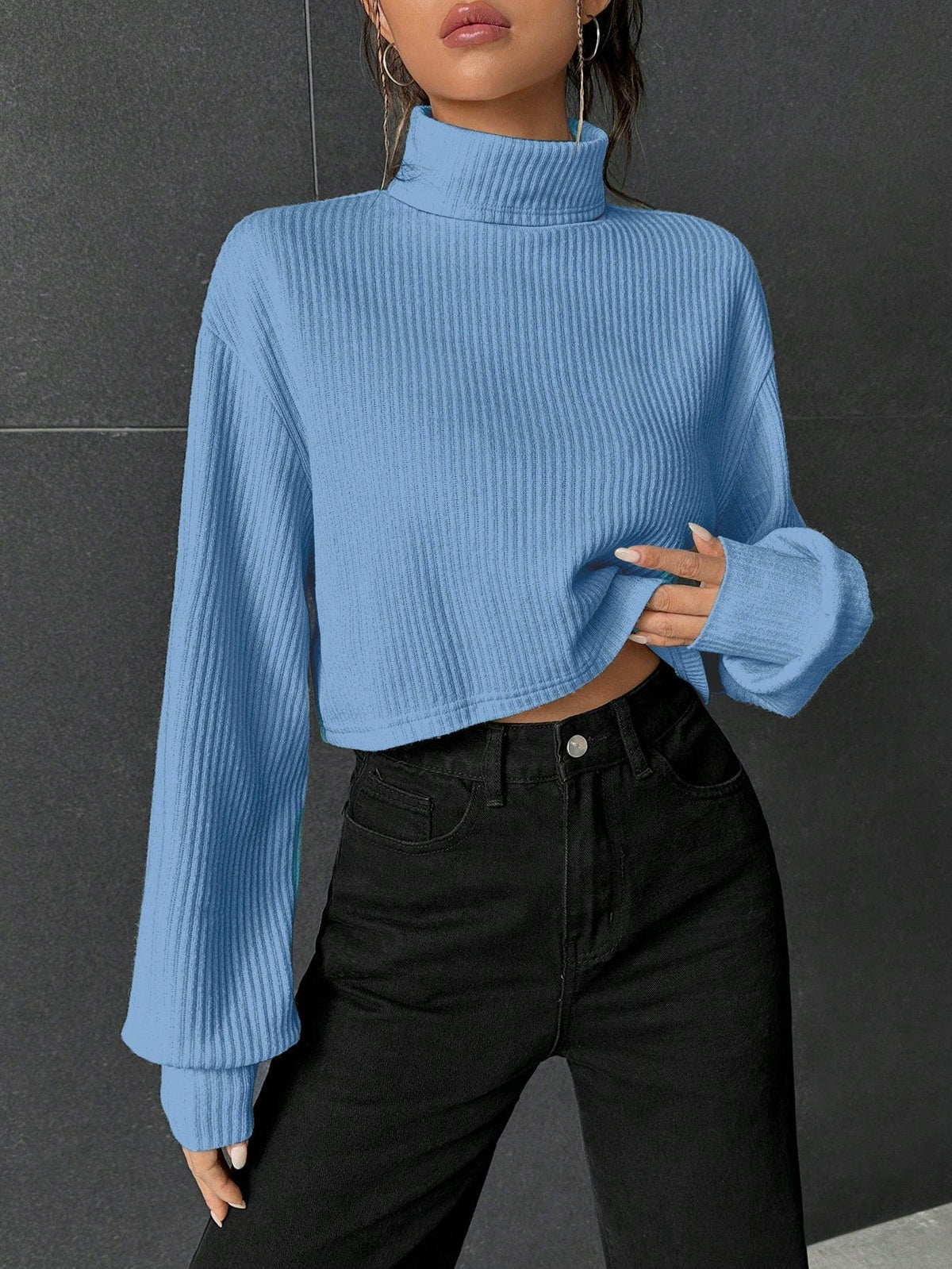 Buy SHEIN EZwear Turtleneck Drop Shoulder Ribbed Knit Crop Tee in Pakistan