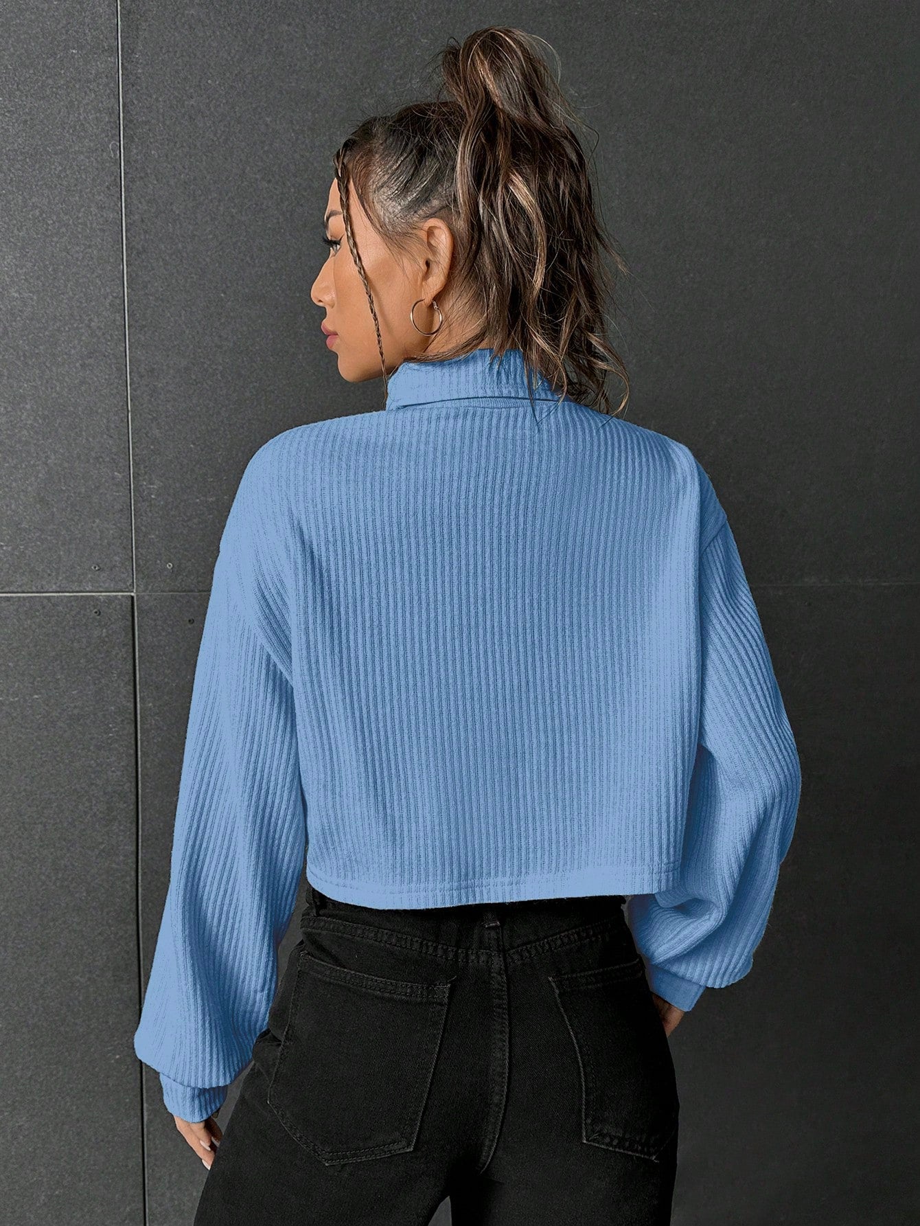 Buy SHEIN EZwear Turtleneck Drop Shoulder Ribbed Knit Crop Tee in Pakistan