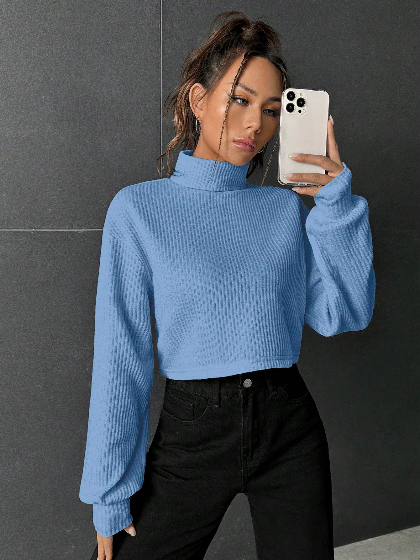 Buy SHEIN EZwear Turtleneck Drop Shoulder Ribbed Knit Crop Tee in Pakistan
