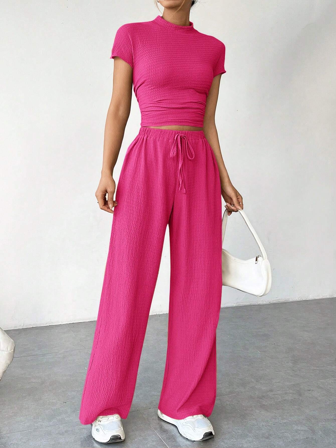 Buy SHEIN EZwear Women Summer Slim Fit Short Sleeve Stand Collar Pleated T-Shirt And Wide-Leg Loose Casual Pants Two-Piece Set in Pakistan