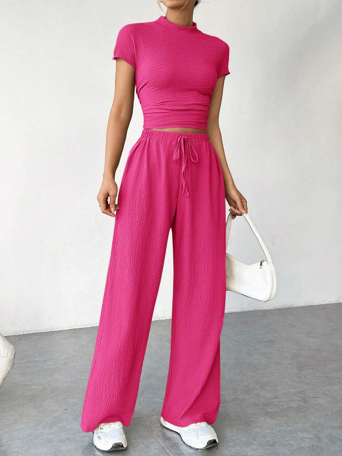 Buy SHEIN EZwear Women Summer Slim Fit Short Sleeve Stand Collar Pleated T-Shirt And Wide-Leg Loose Casual Pants Two-Piece Set in Pakistan