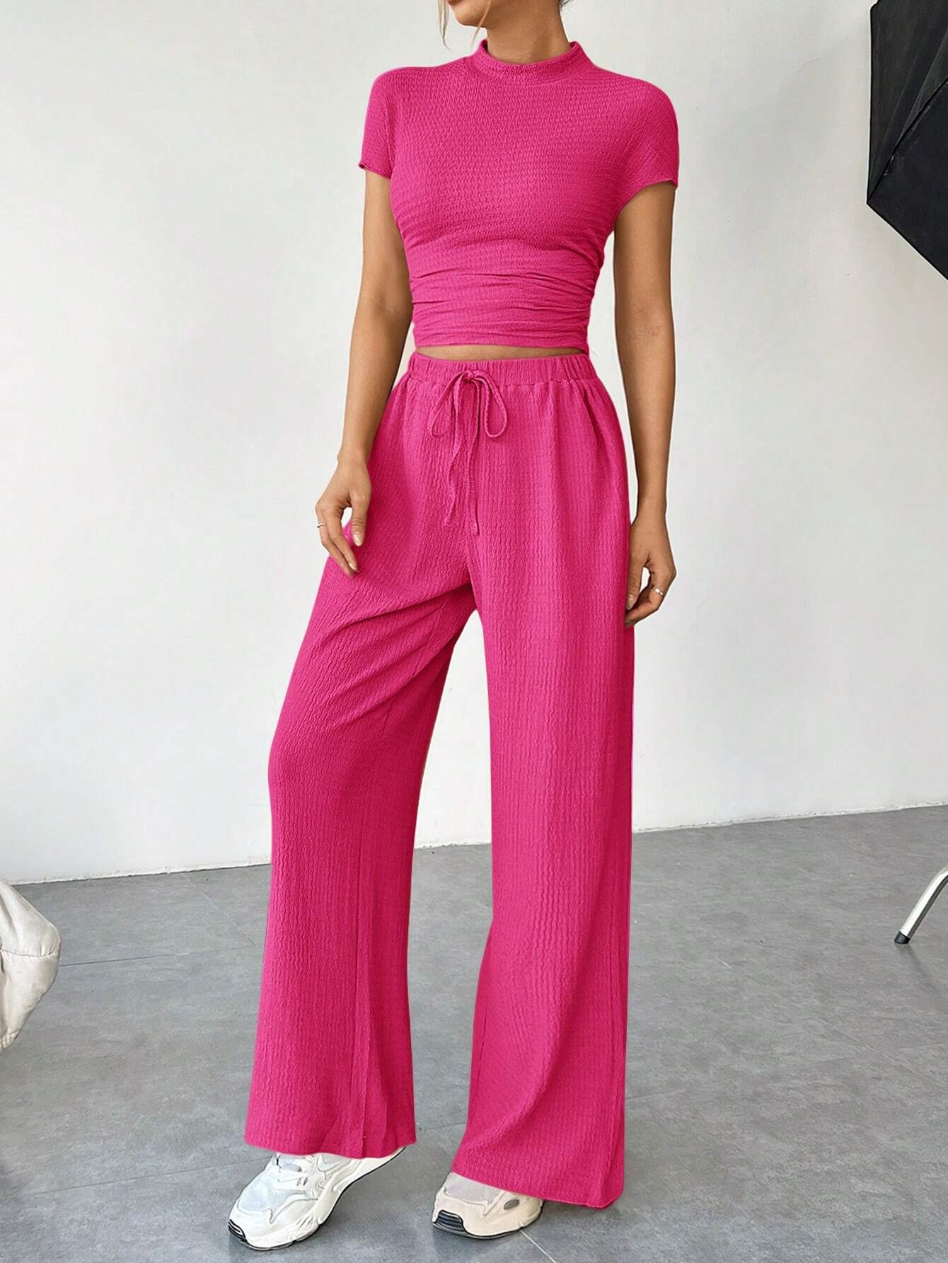 Buy SHEIN EZwear Women Summer Slim Fit Short Sleeve Stand Collar Pleated T-Shirt And Wide-Leg Loose Casual Pants Two-Piece Set in Pakistan