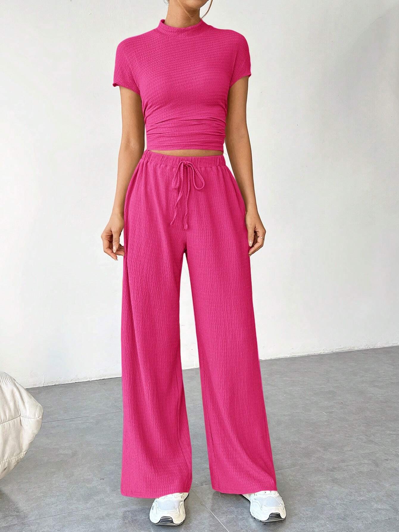 Buy SHEIN EZwear Women Summer Slim Fit Short Sleeve Stand Collar Pleated T-Shirt And Wide-Leg Loose Casual Pants Two-Piece Set in Pakistan