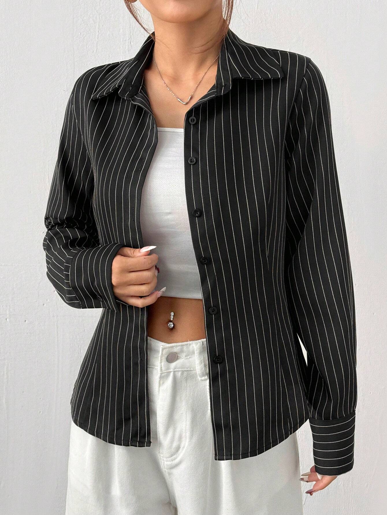 Buy SHEIN EZwear Women's Black & White Striped Woven Shirt in Pakistan