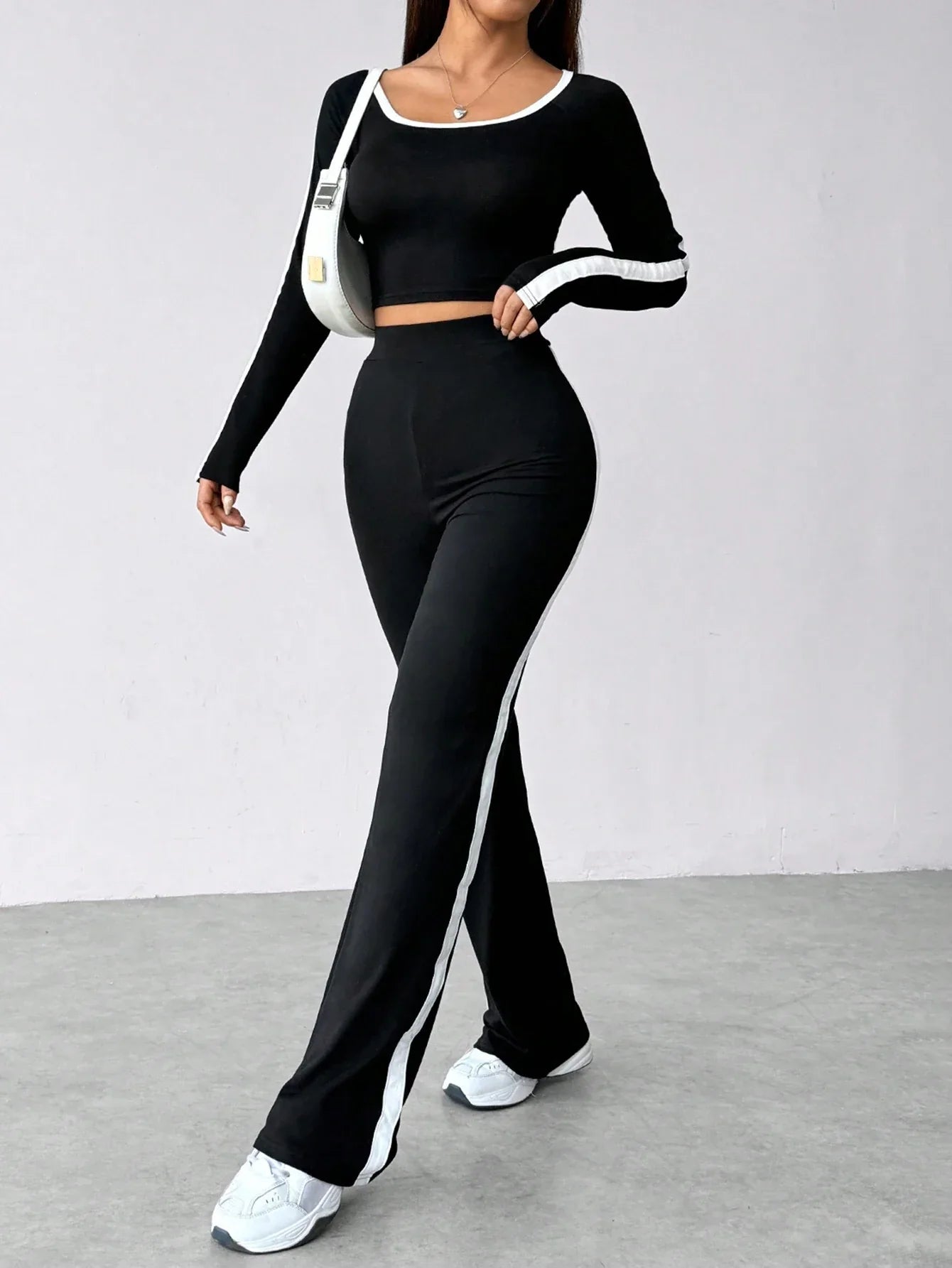 Buy SHEIN EZwear Women's Color-Blocked Long Sleeve Crop Tee And Pants Set in Pakistan