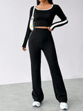 Buy SHEIN EZwear Women's Color-Blocked Long Sleeve Crop Tee And Pants Set in Pakistan