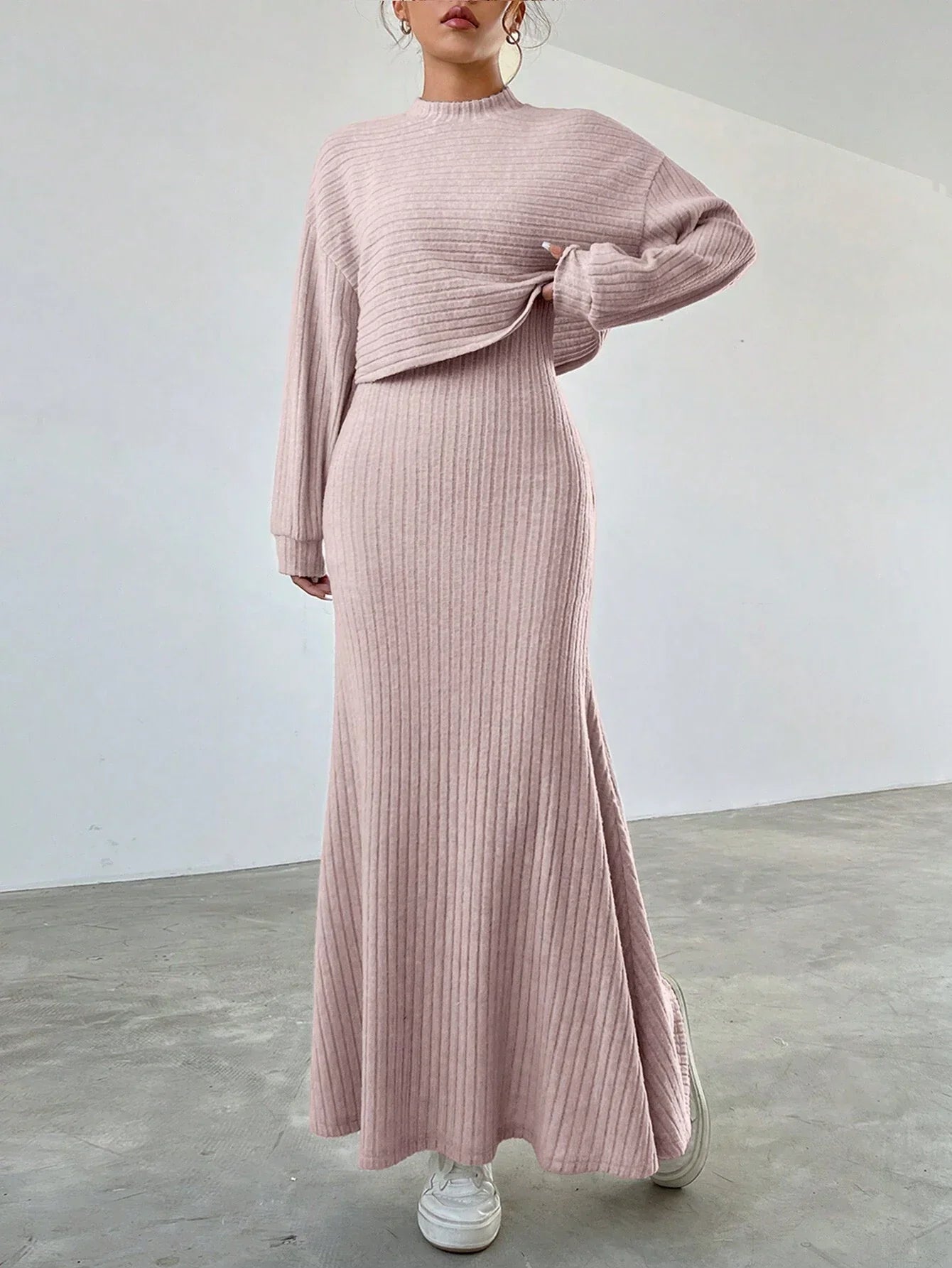 Buy SHEIN EZwear Women's Drop Shoulder Long Sleeve T-Shirt And Skirt Two Piece Set in Pakistan