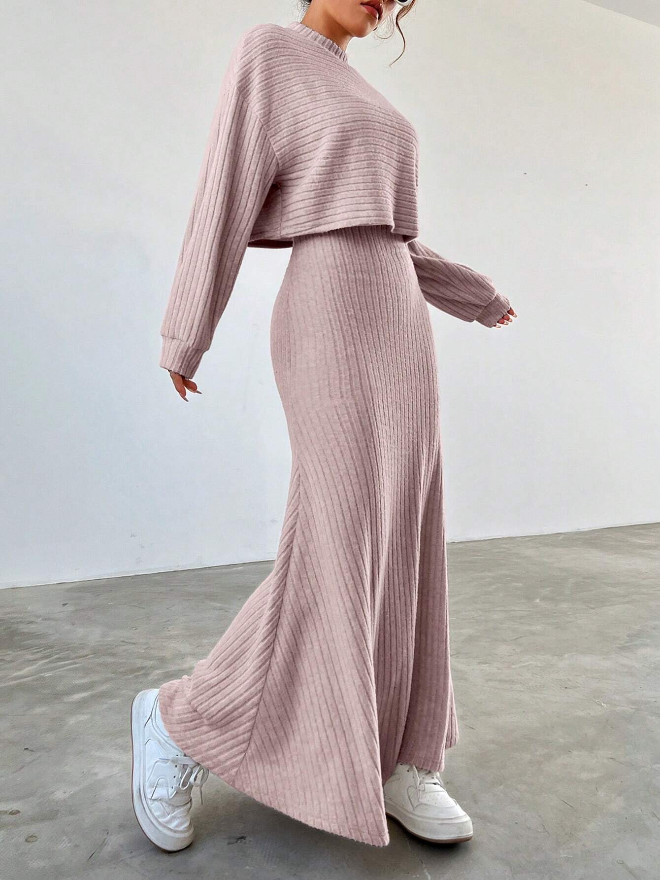 Buy SHEIN EZwear Women's Drop Shoulder Long Sleeve T-Shirt And Skirt Two Piece Set in Pakistan