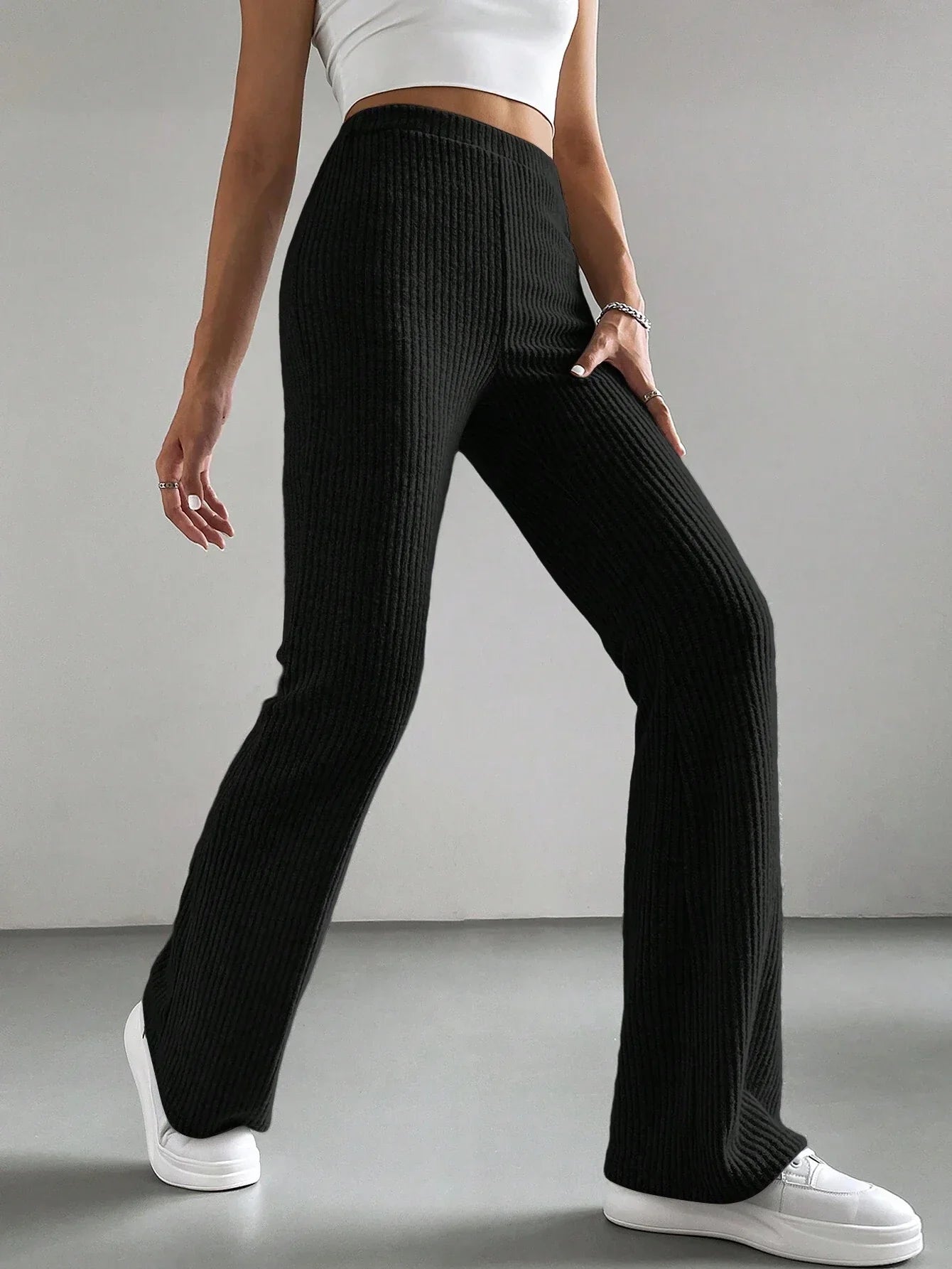 Buy SHEIN EZwear Y2k Women's Solid Color Flared Bell Bottom Black Pants in Pakistan