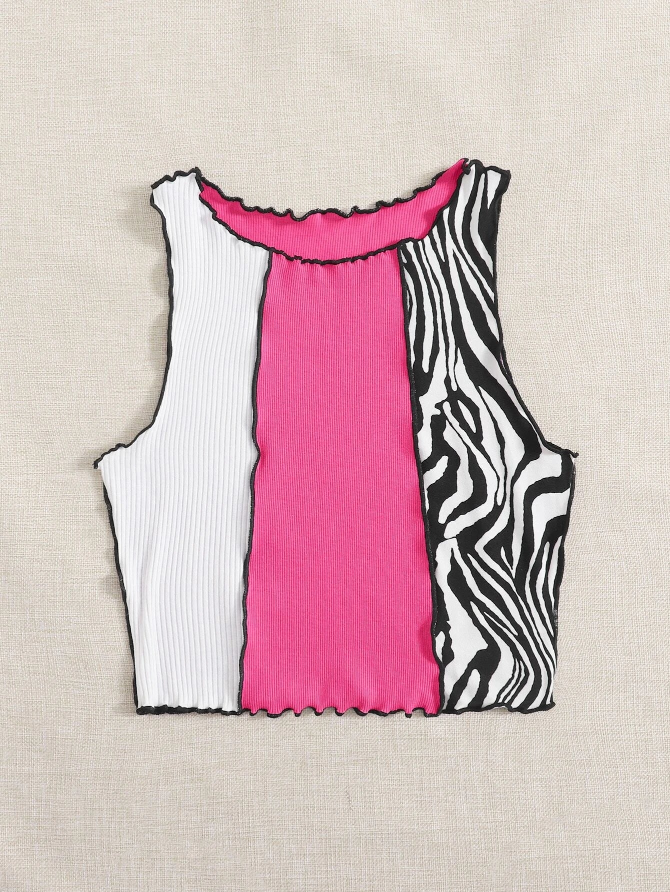 Buy SHEIN EZwear Zebra Stripe Colorblock Lettuce Trim Tank Top, Going Out Top in Pakistan