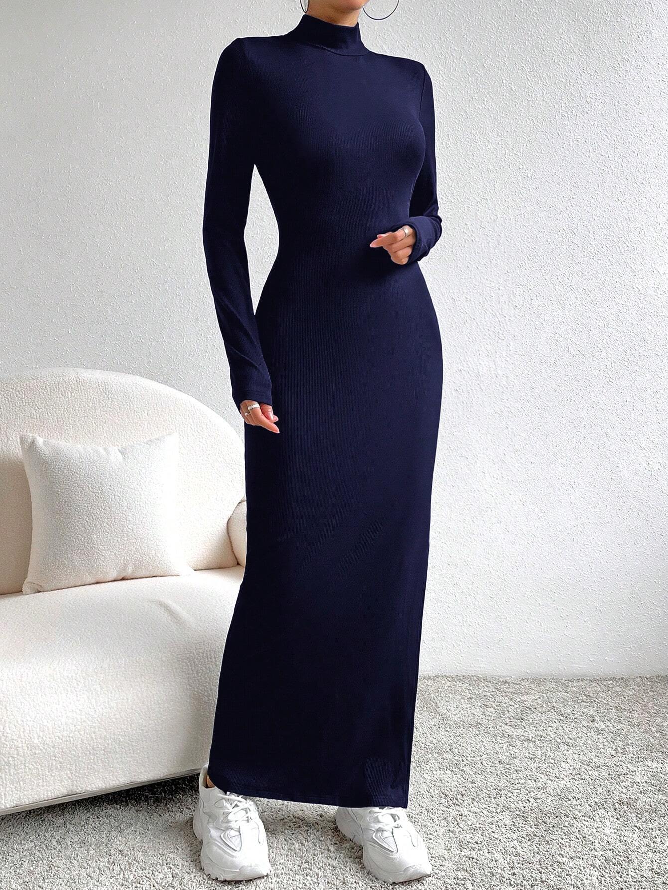 Buy SHEIN Essnce 1pc Women Solid Color Stand Collar Side Split Slim Fit Dress in Pakistan