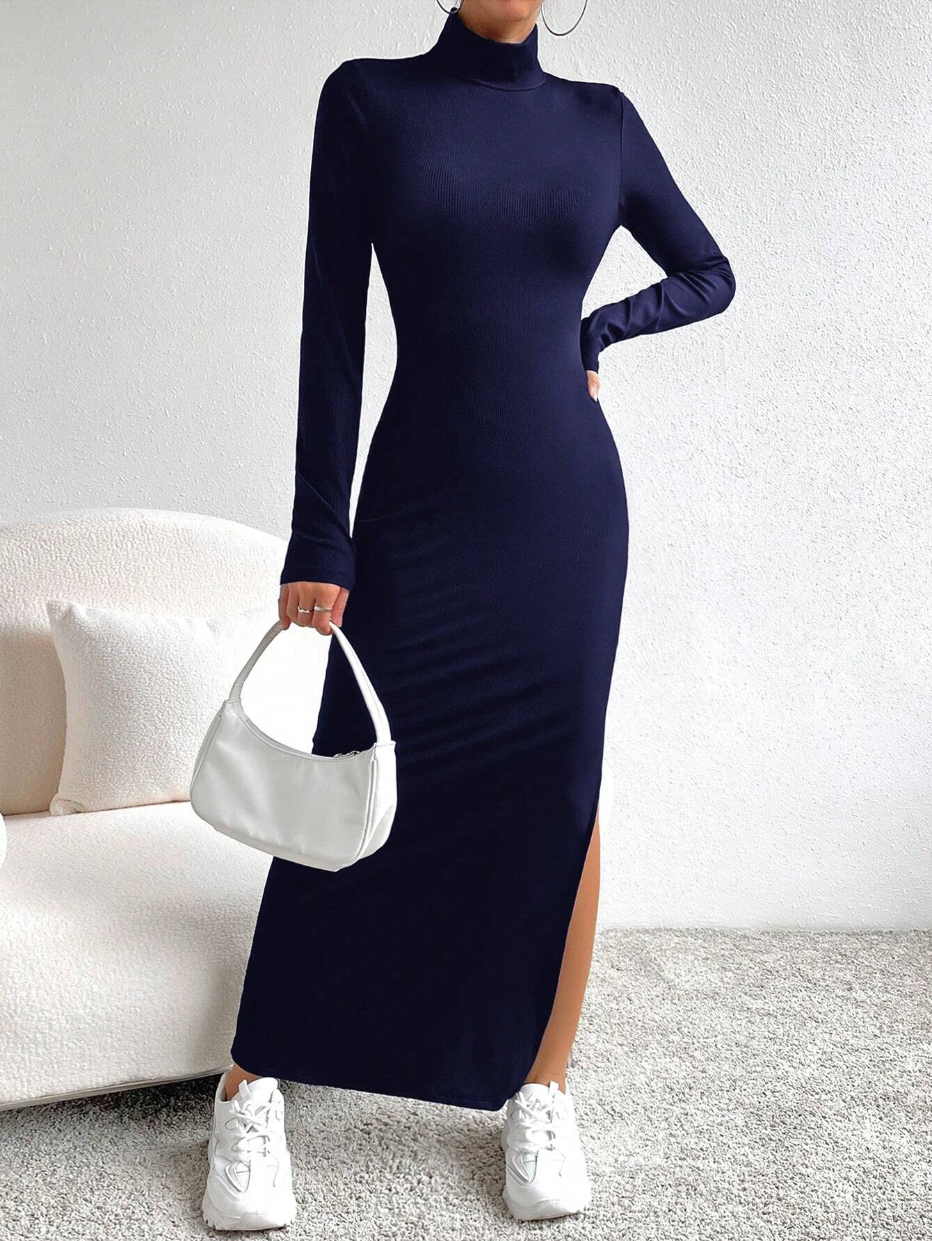 Buy SHEIN Essnce 1pc Women Solid Color Stand Collar Side Split Slim Fit Dress in Pakistan