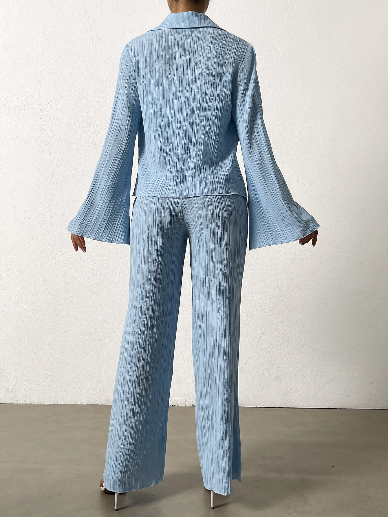 Buy SHEIN Essnce Bell Sleeve Plisse Shirt & Wide Leg Pants in Pakistan