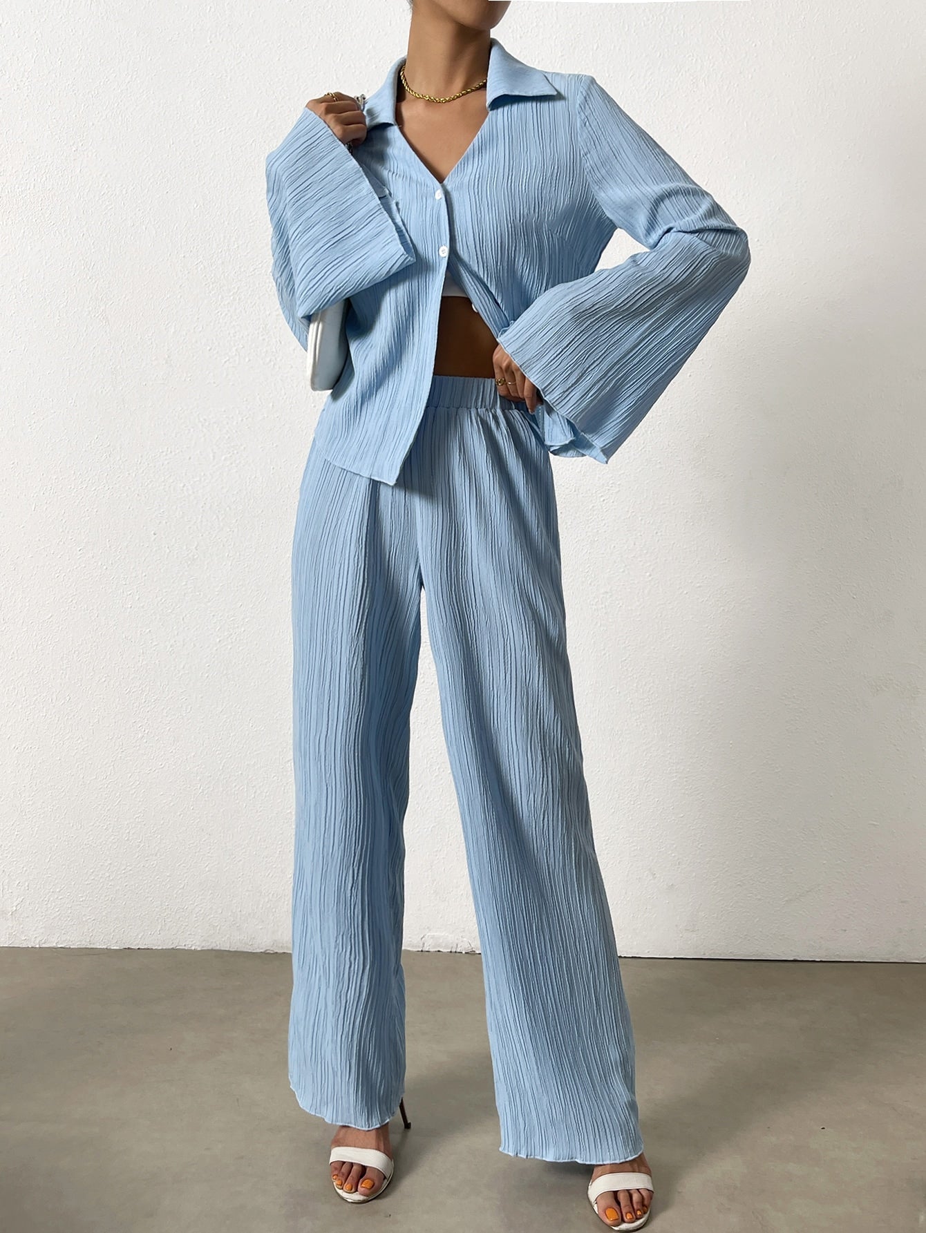 Buy SHEIN Essnce Bell Sleeve Plisse Shirt & Wide Leg Pants in Pakistan