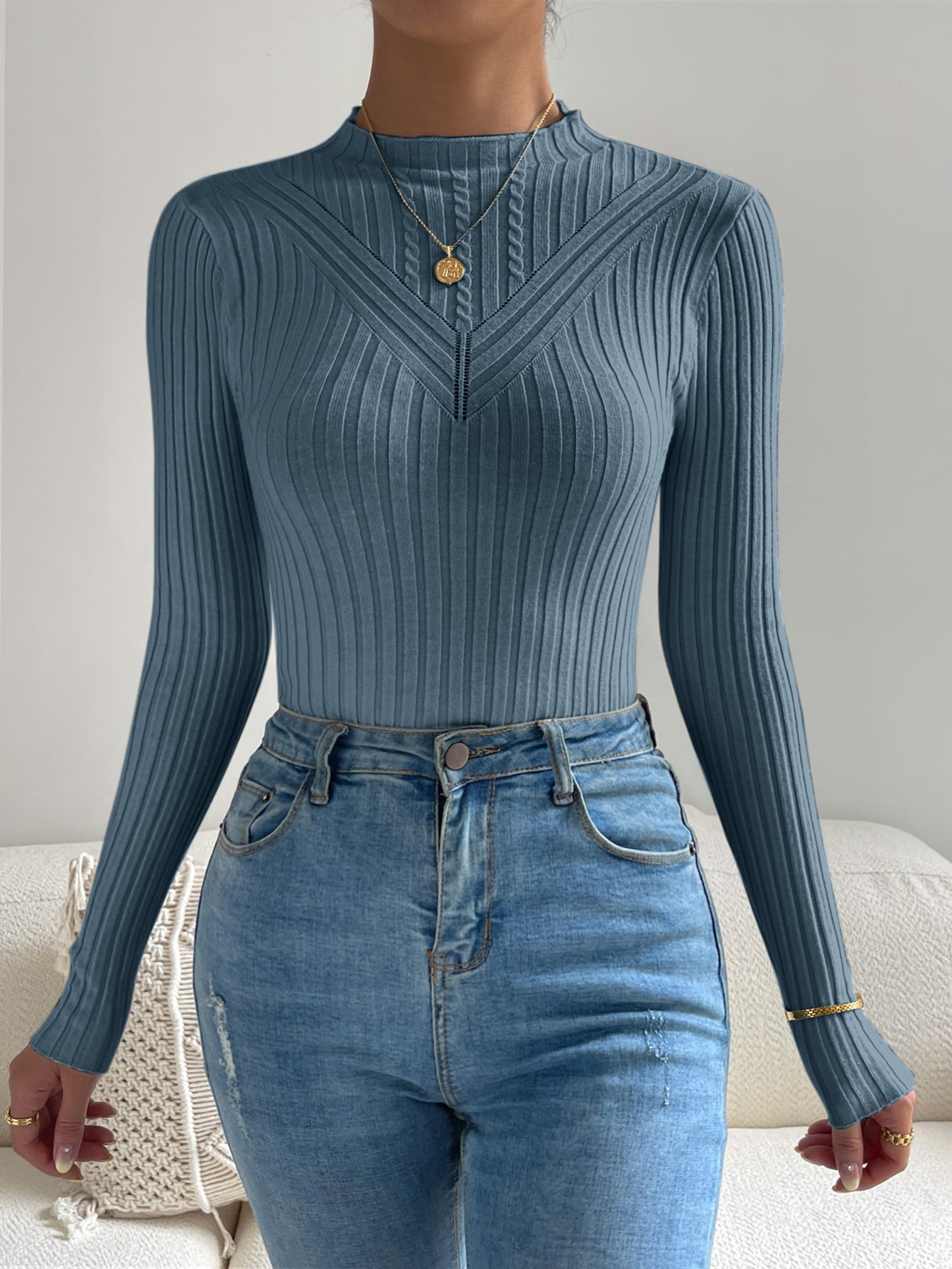 Buy SHEIN Essnce Cable Knit Mock Neck Sweater in Pakistan