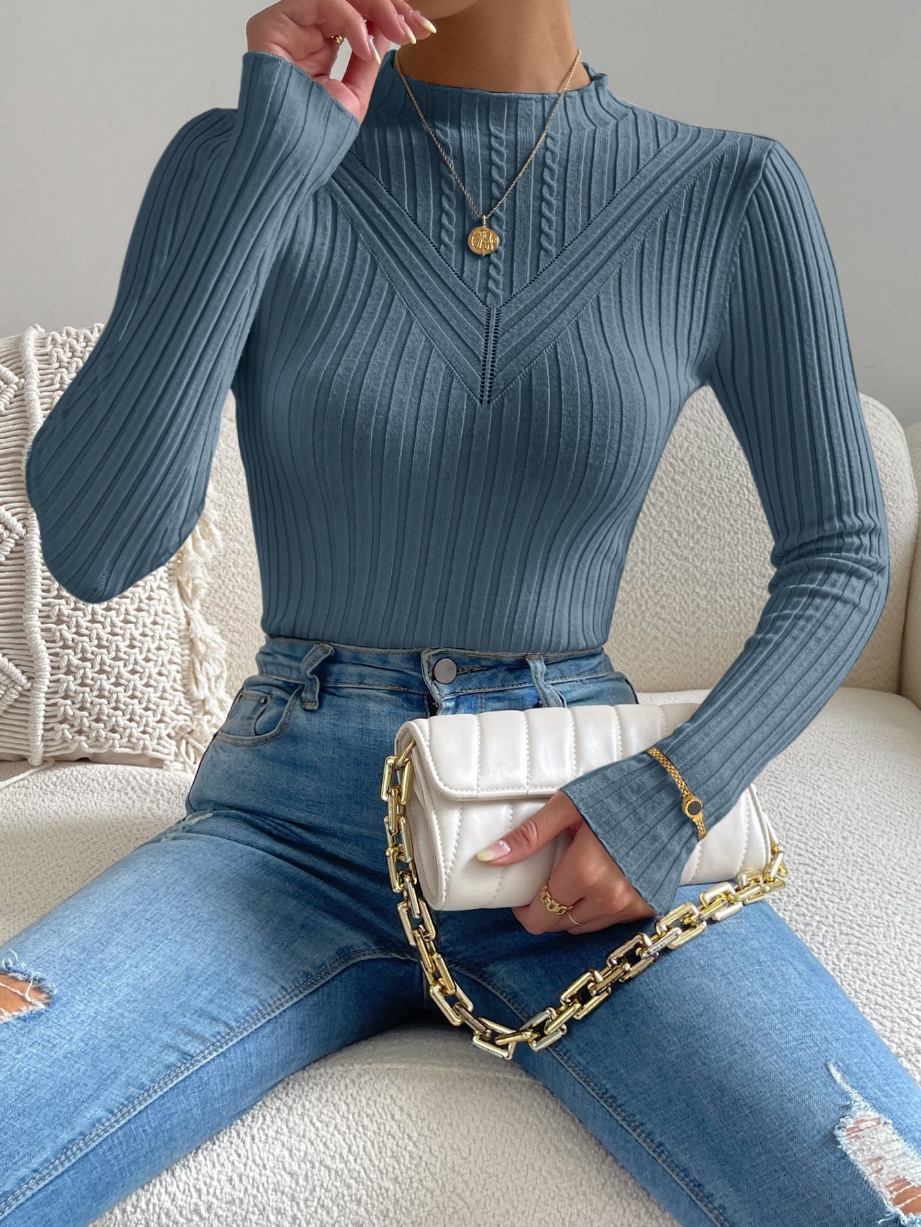 Buy SHEIN Essnce Cable Knit Mock Neck Sweater in Pakistan
