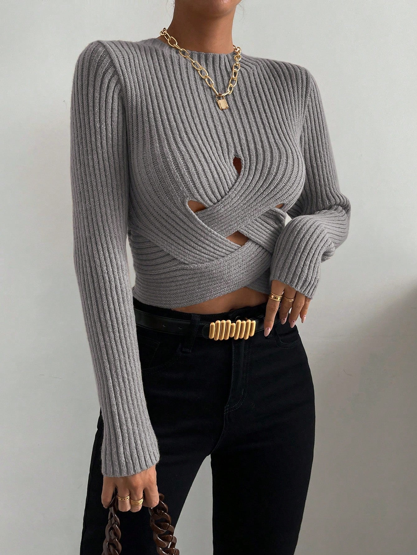 Buy SHEIN Essnce Crisscross Cut Out Ribbed Knit Crop Sweater in Pakistan