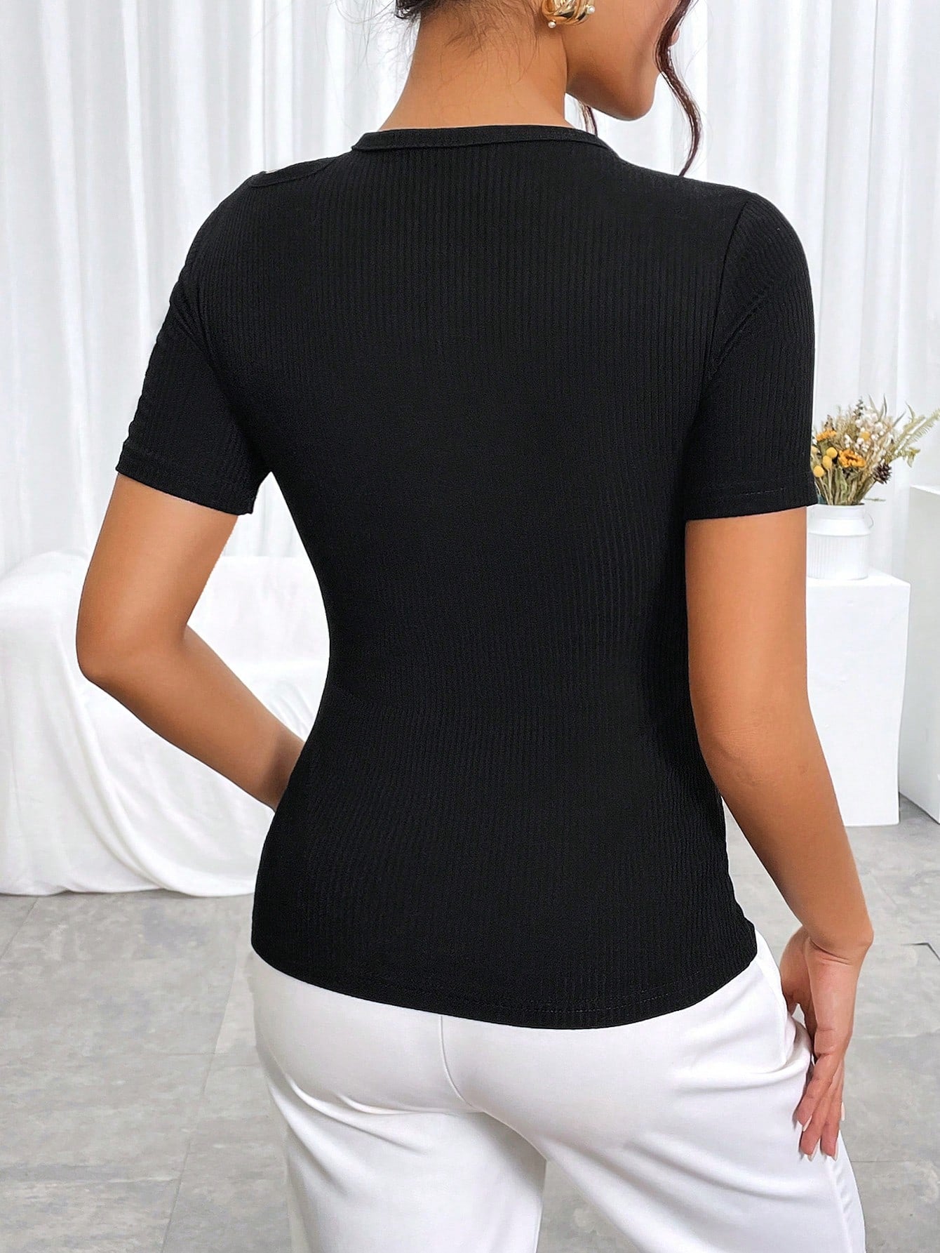 Buy SHEIN Essnce Cut Out Ribbed Knit Tee in Pakistan