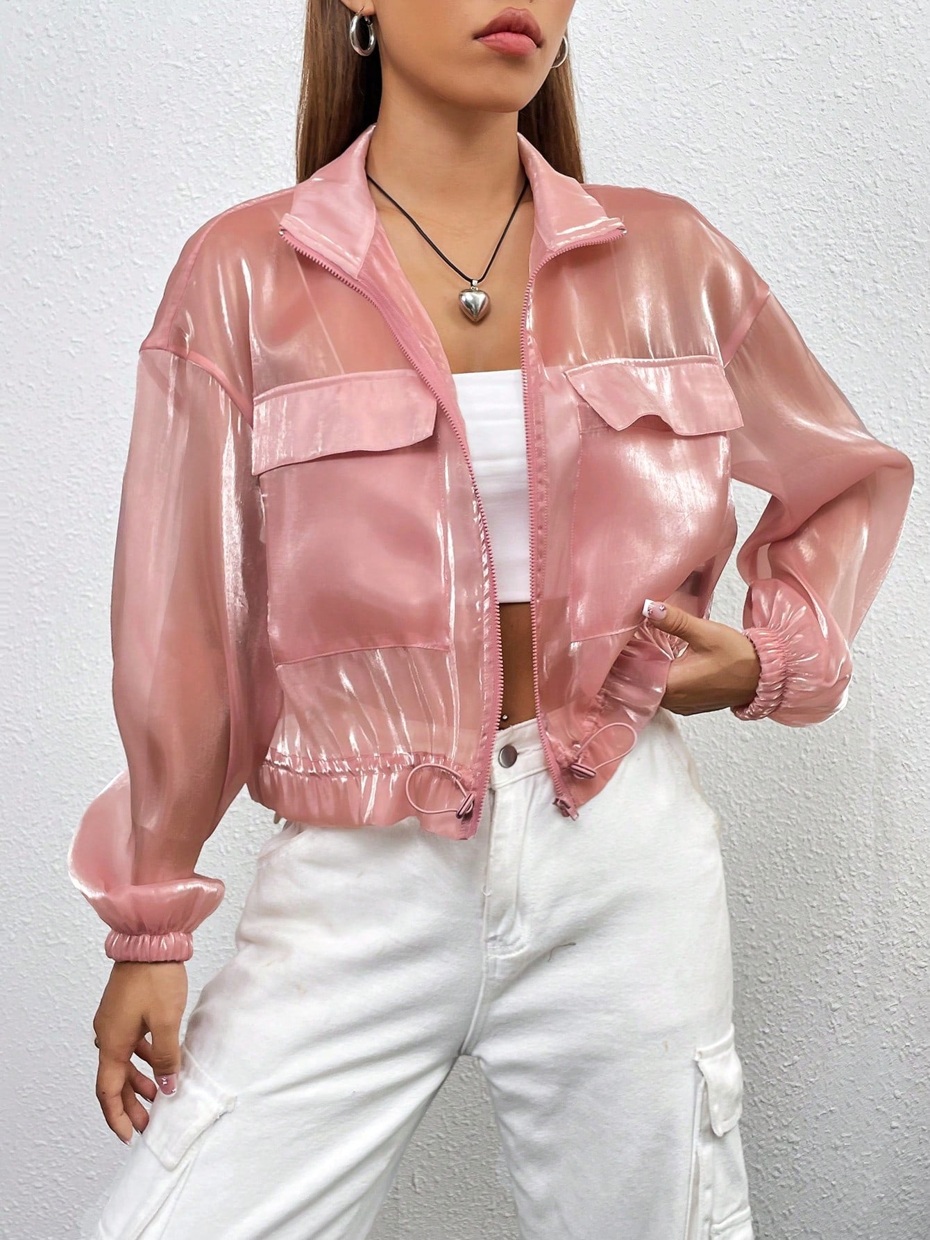 Buy SHEIN Essnce Flap Detail Drawstring Hem Drop Shoulder Mesh Jacket Without Cami Top in Pakistan