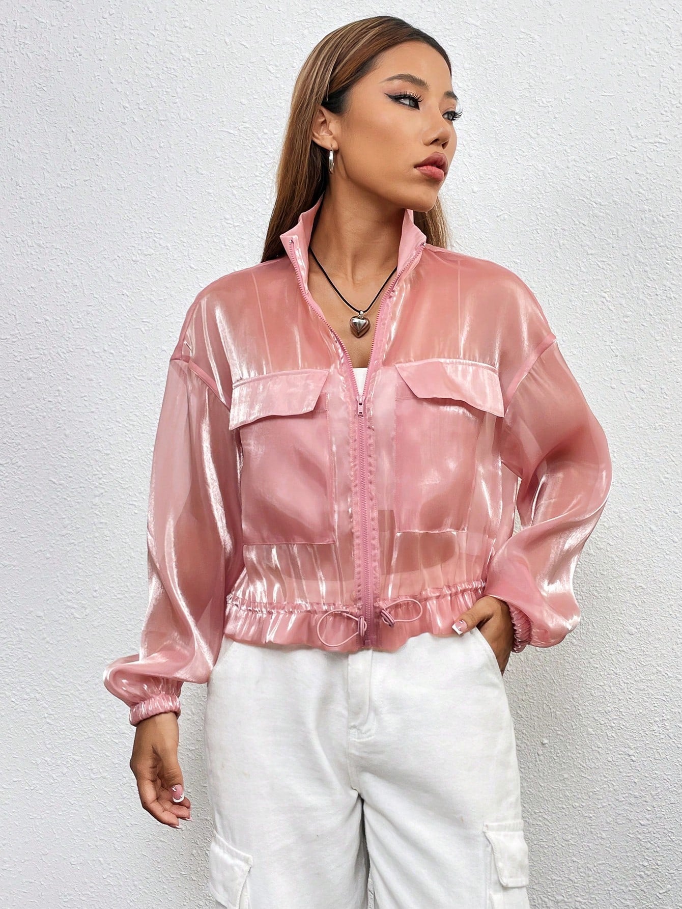 Buy SHEIN Essnce Flap Detail Drawstring Hem Drop Shoulder Mesh Jacket Without Cami Top in Pakistan
