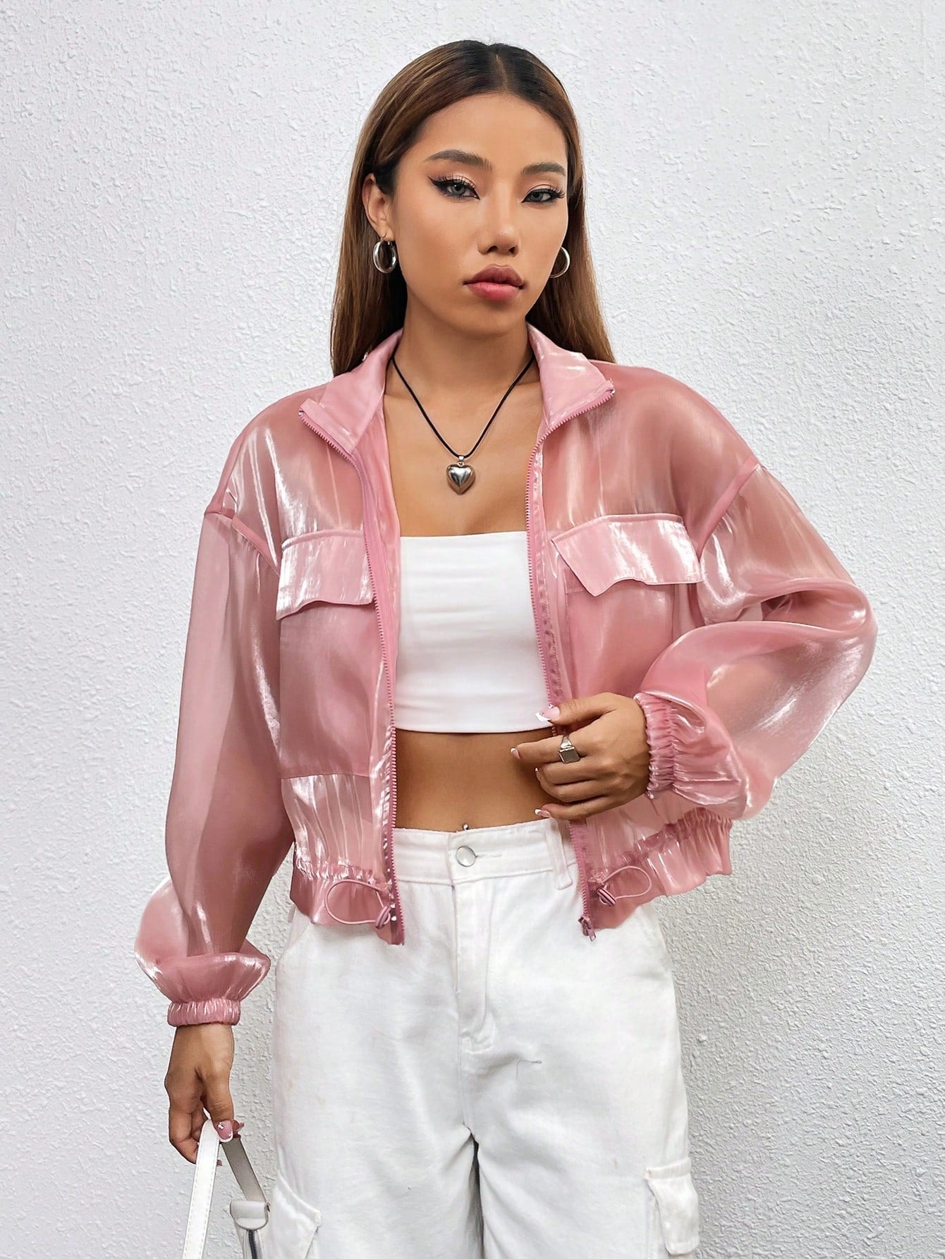 Buy SHEIN Essnce Flap Detail Drawstring Hem Drop Shoulder Mesh Jacket Without Cami Top in Pakistan