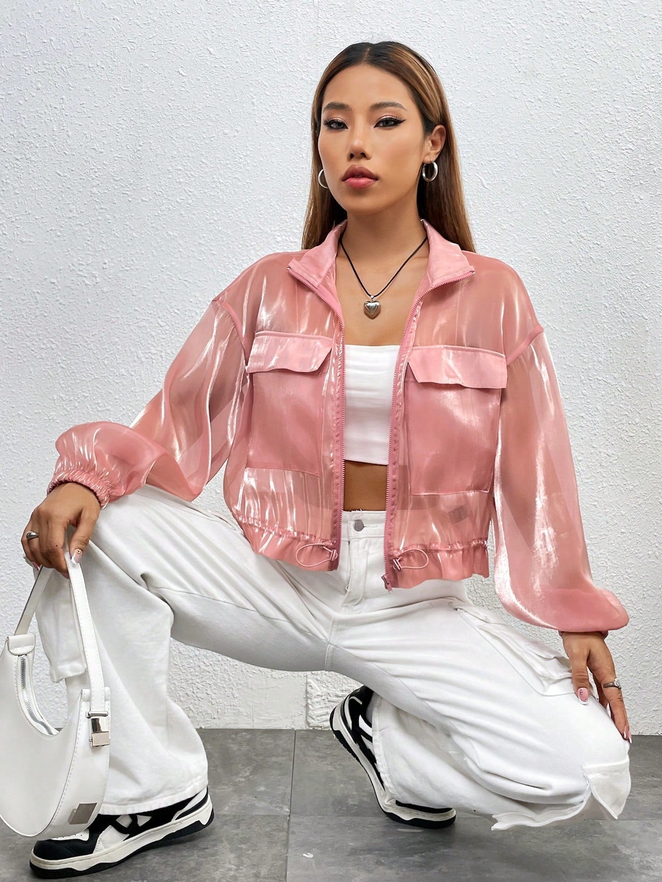 Buy SHEIN Essnce Flap Detail Drawstring Hem Drop Shoulder Mesh Jacket Without Cami Top in Pakistan