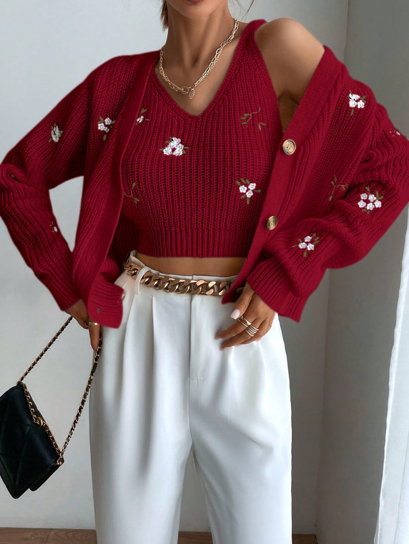 Buy SHEIN Essnce Floral Embroidery Cardigan & Knit Top in Pakistan