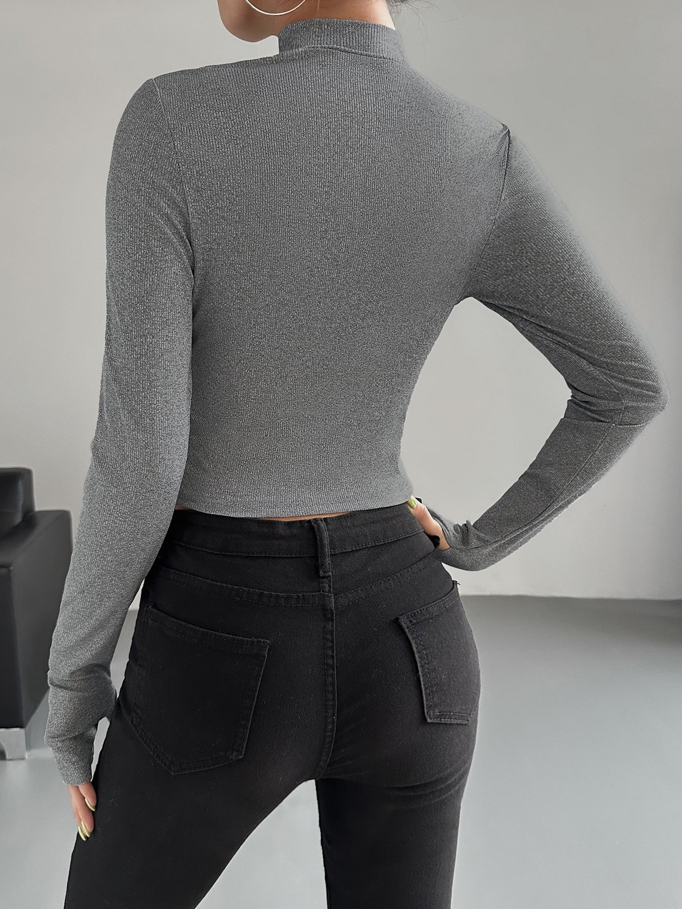 Buy SHEIN Essnce Half Zip Thumb Holes Crop Tee in Pakistan