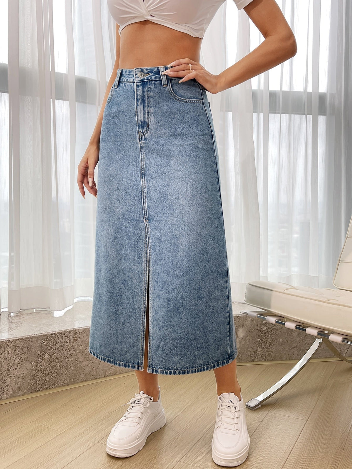 Buy SHEIN Essnce High Waist Split Thigh Denim Skirt in Pakistan