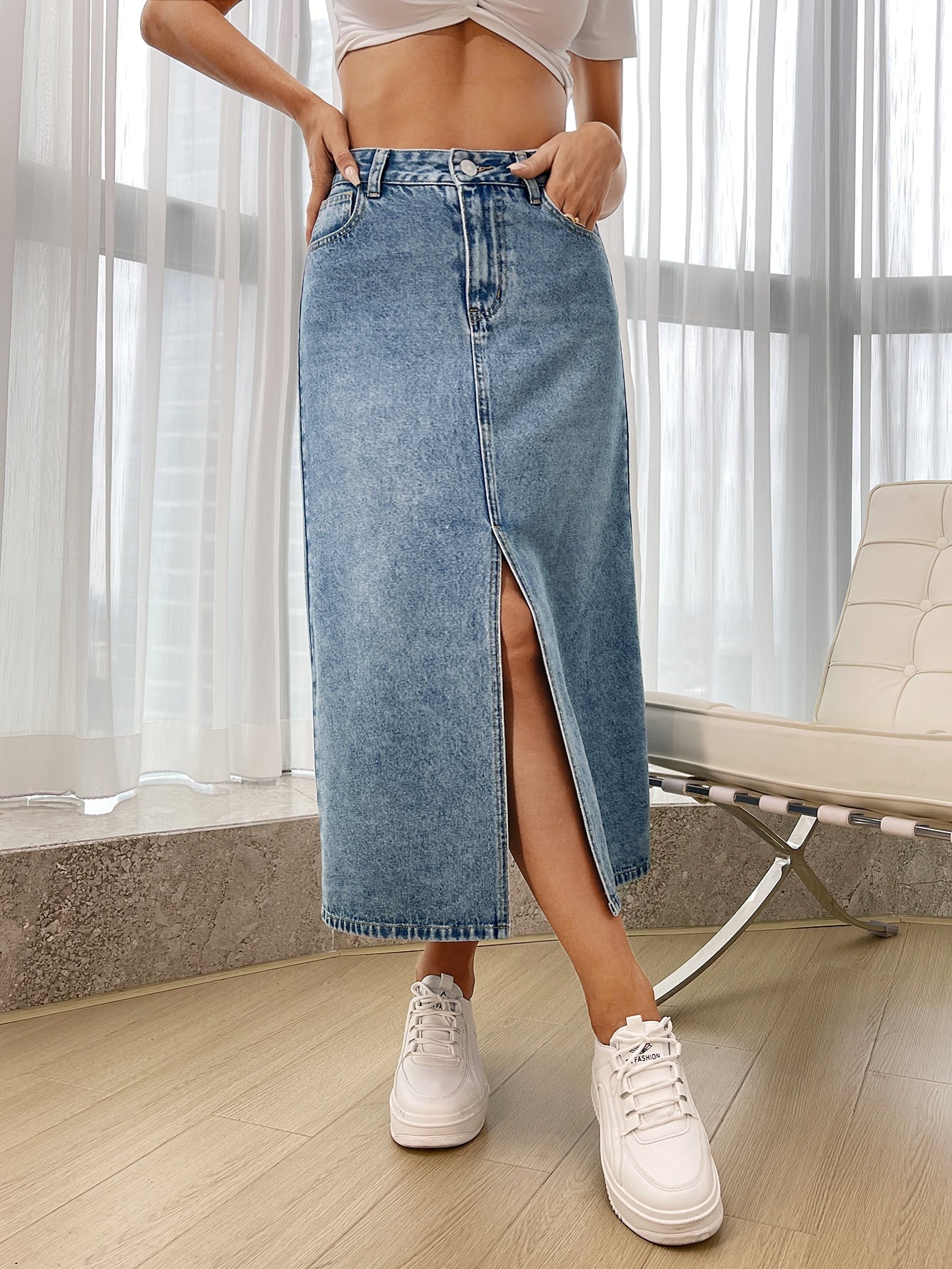 Buy SHEIN Essnce High Waist Split Thigh Denim Skirt in Pakistan