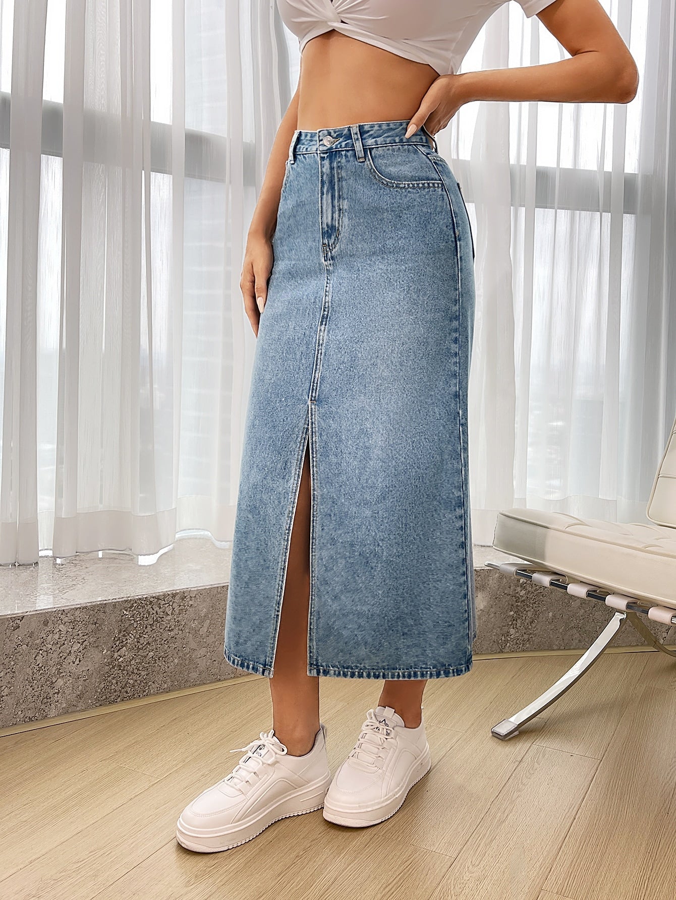 Buy SHEIN Essnce High Waist Split Thigh Denim Skirt in Pakistan