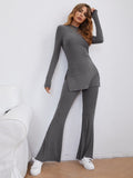 Buy SHEIN Essnce Mock-neck Split Side Rib-knit Tee and Flare Leg Pants Set in Pakistan