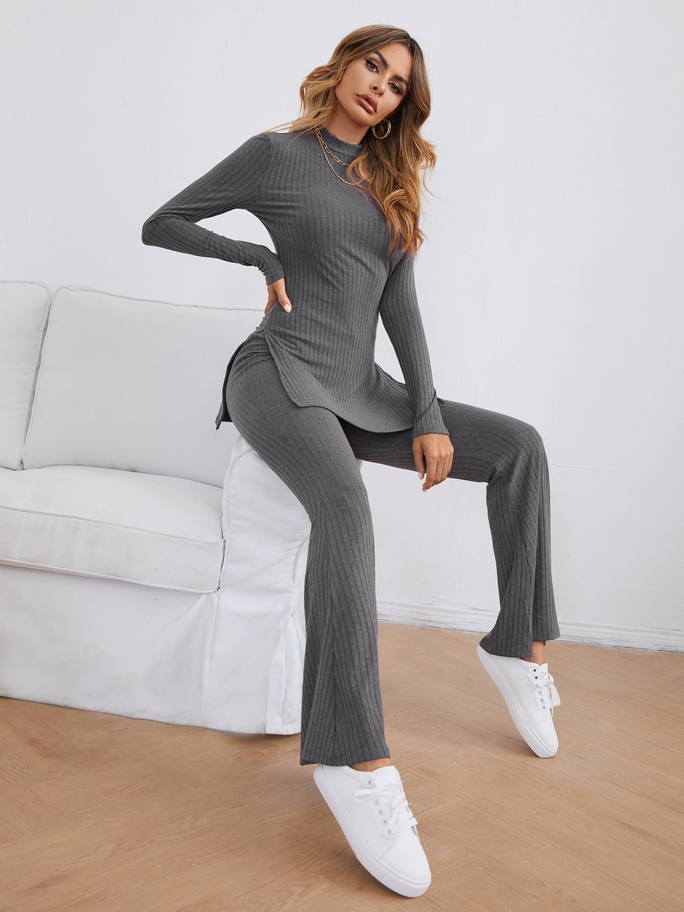 Buy SHEIN Essnce Mock-neck Split Side Rib-knit Tee and Flare Leg Pants Set in Pakistan