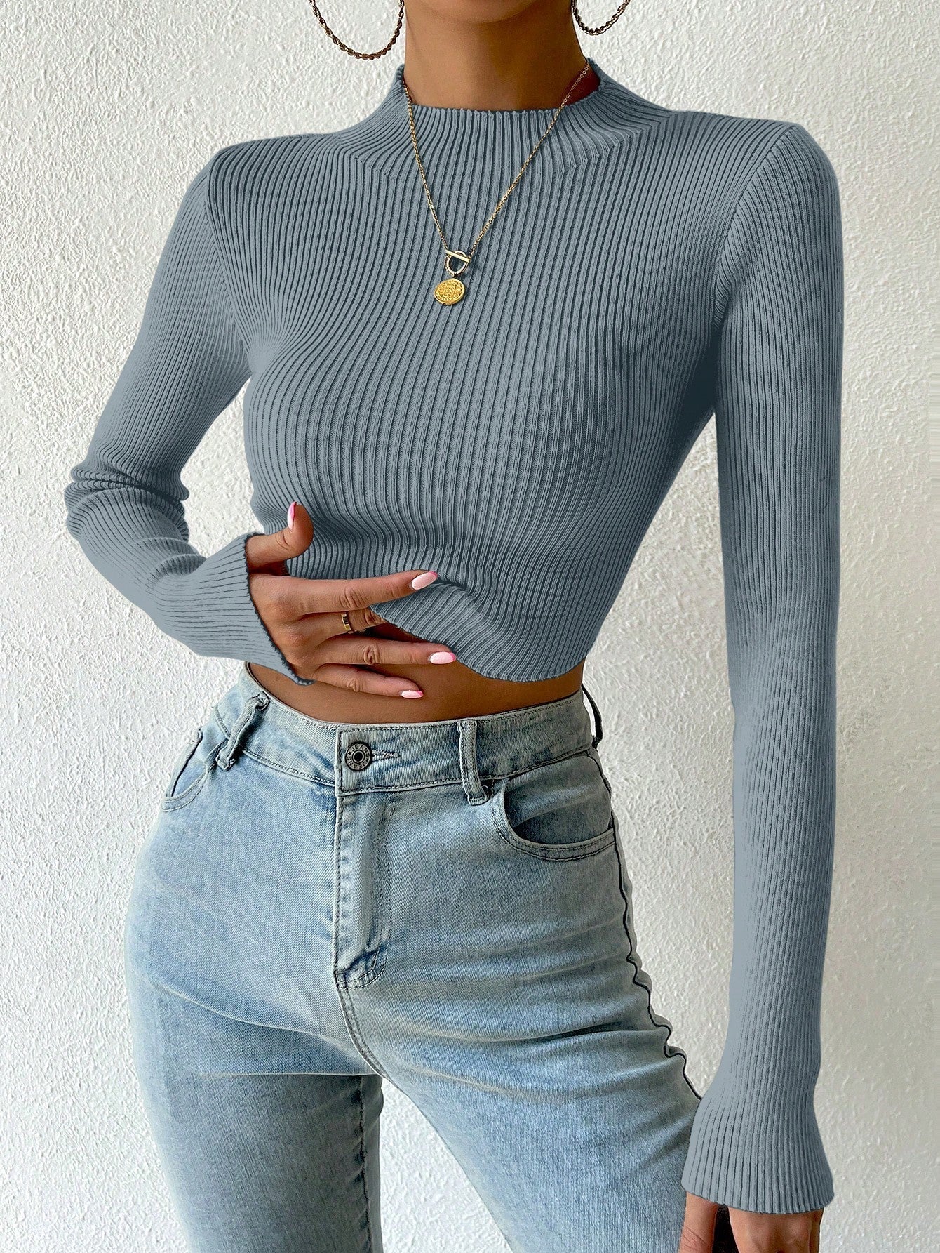 Buy SHEIN Essnce Mock Neck Ribbed Knit Crop Sweater in Pakistan