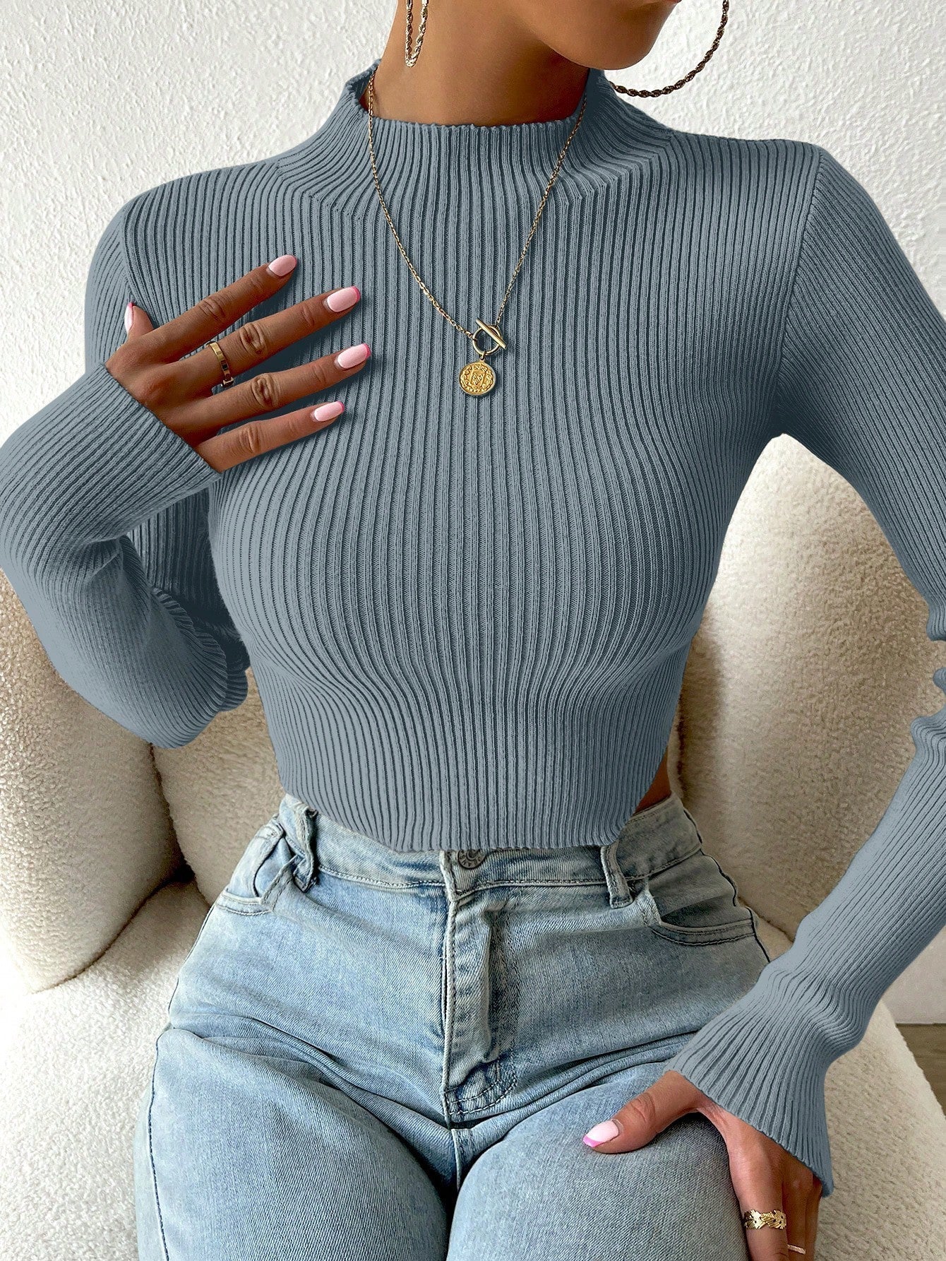 Buy SHEIN Essnce Mock Neck Ribbed Knit Crop Sweater in Pakistan