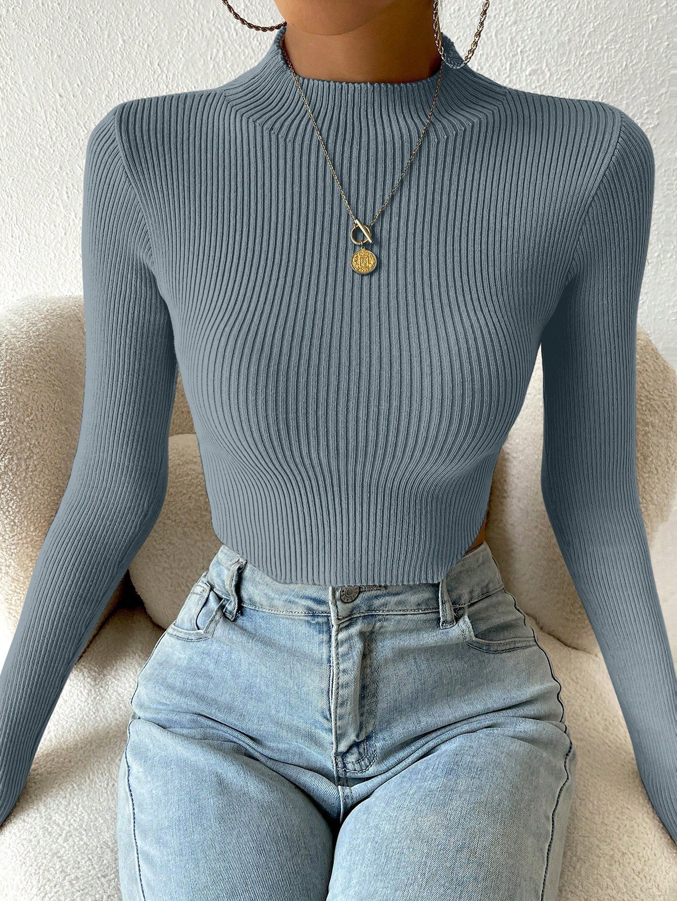 Buy SHEIN Essnce Mock Neck Ribbed Knit Crop Sweater in Pakistan