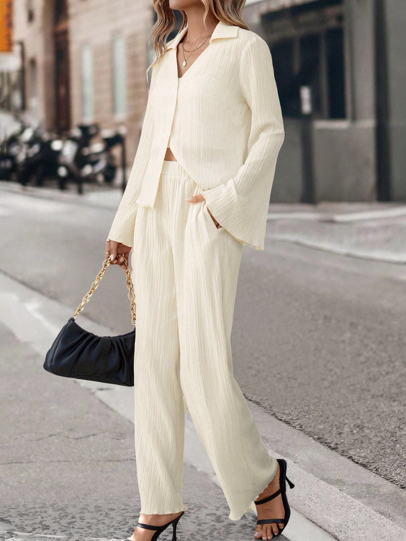 Buy SHEIN Essnce Solid Button Front Shirt & Wide Leg Pants in Pakistan