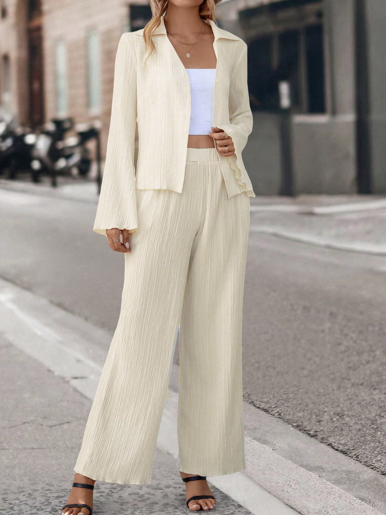 Buy SHEIN Essnce Solid Button Front Shirt & Wide Leg Pants in Pakistan