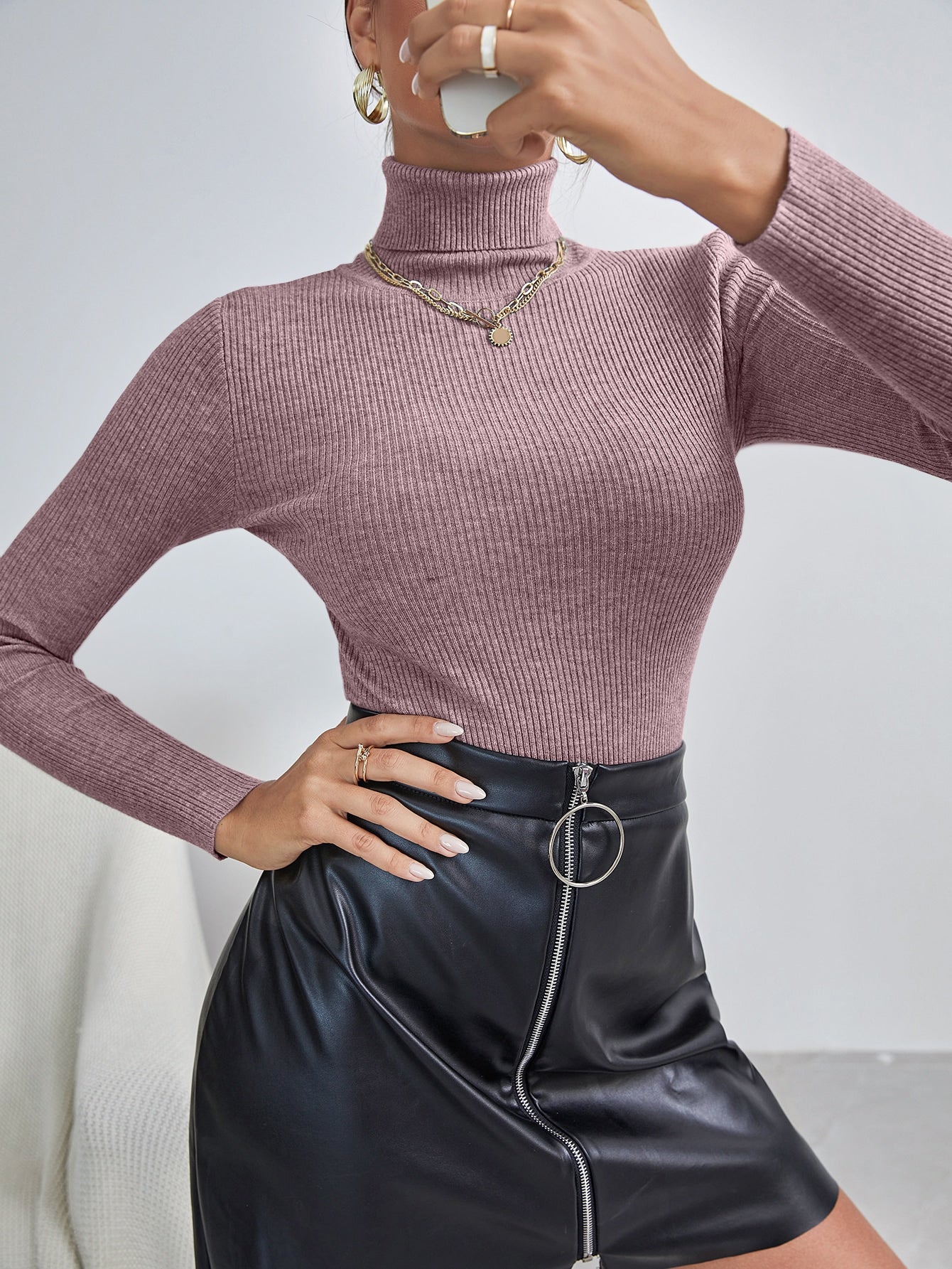 Buy SHEIN Essnce Solid High Neck Rib Knit Sweater in Pakistan