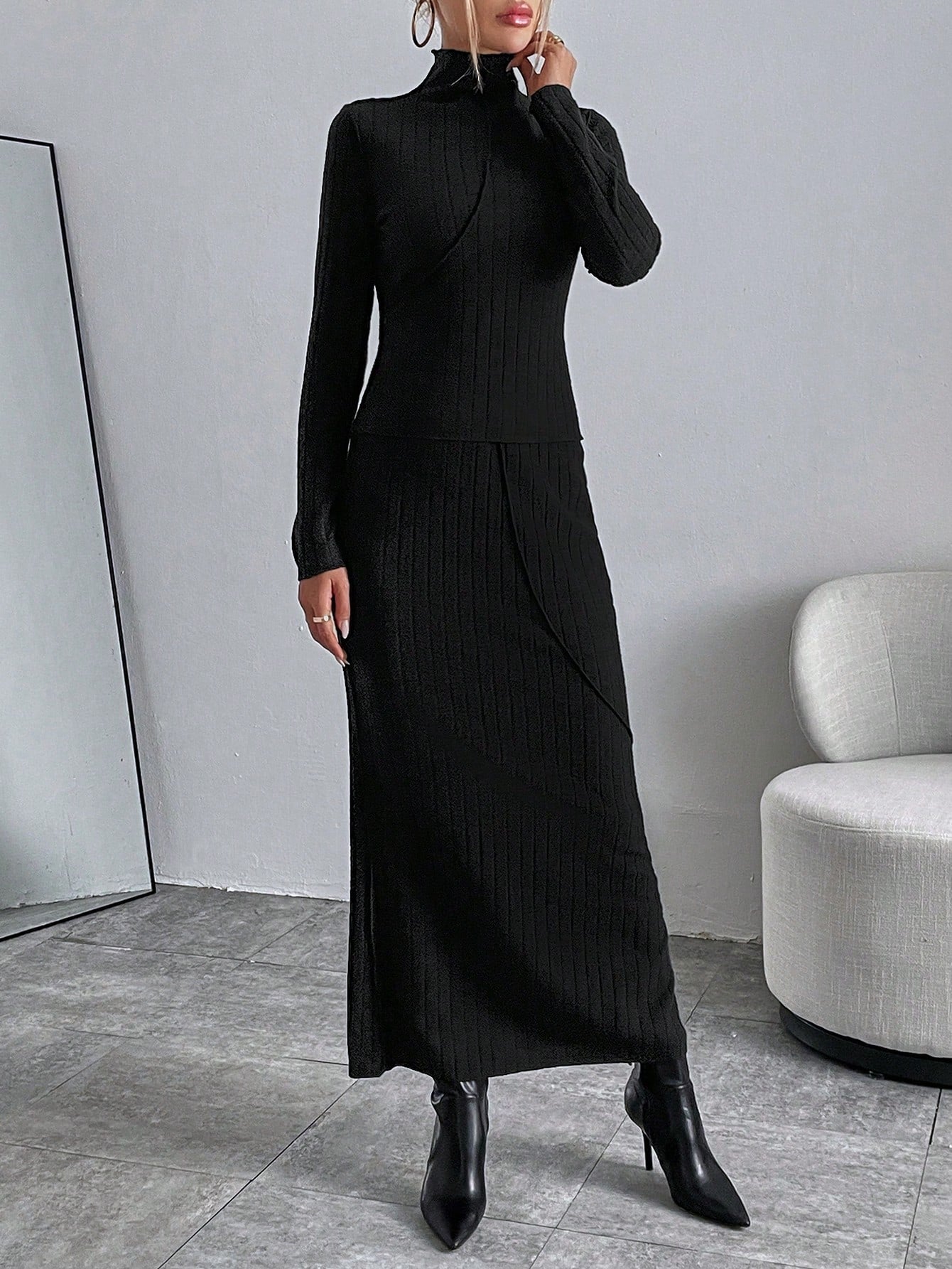 Buy SHEIN Essnce Solid High Neck Tee & Ribbed Skirt in Pakistan