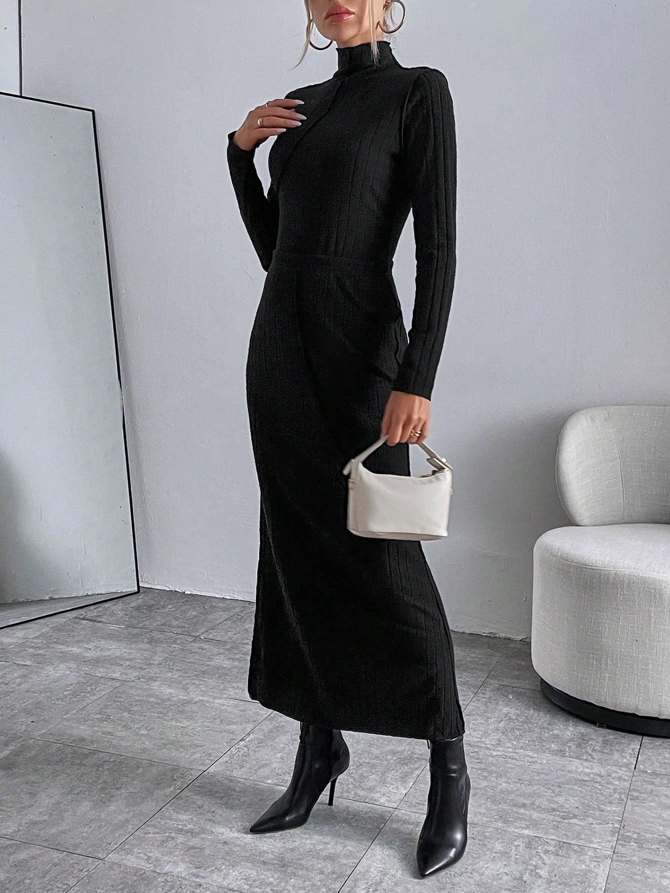 Buy SHEIN Essnce Solid High Neck Tee & Ribbed Skirt in Pakistan