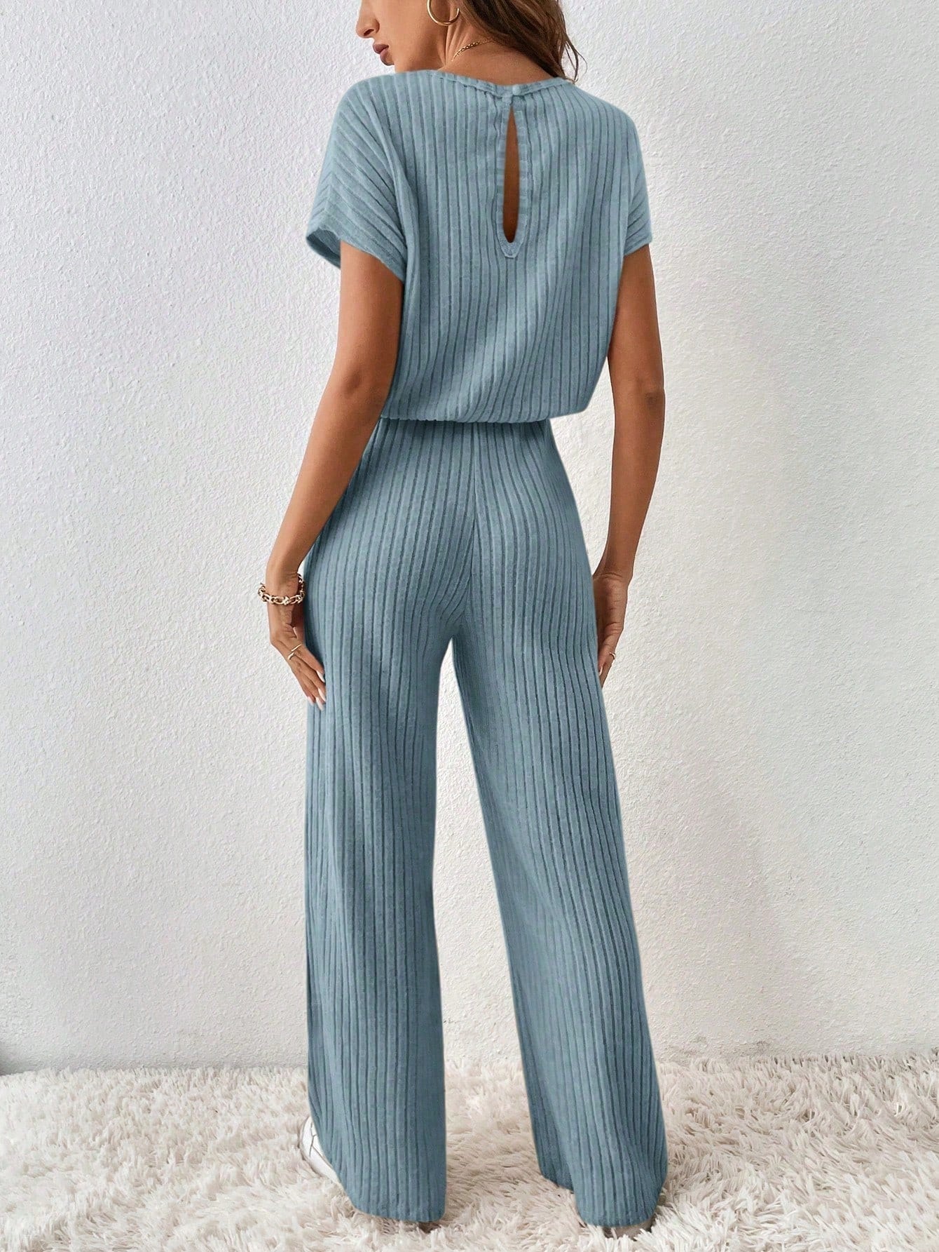 Buy SHEIN Essnce Solid Ribbed Knit Batwing Sleeve Jumpsuit in Pakistan