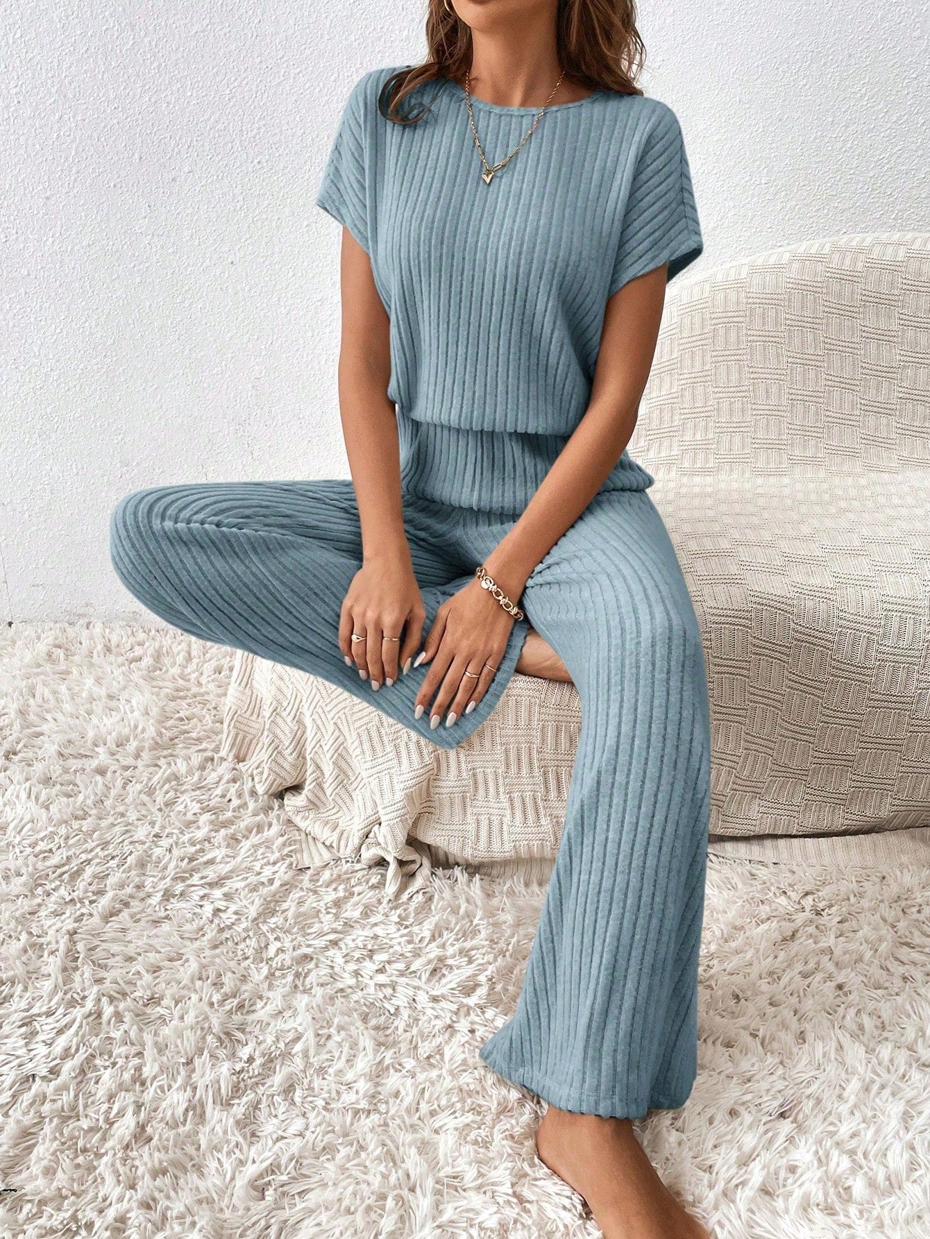 Buy SHEIN Essnce Solid Ribbed Knit Batwing Sleeve Jumpsuit in Pakistan