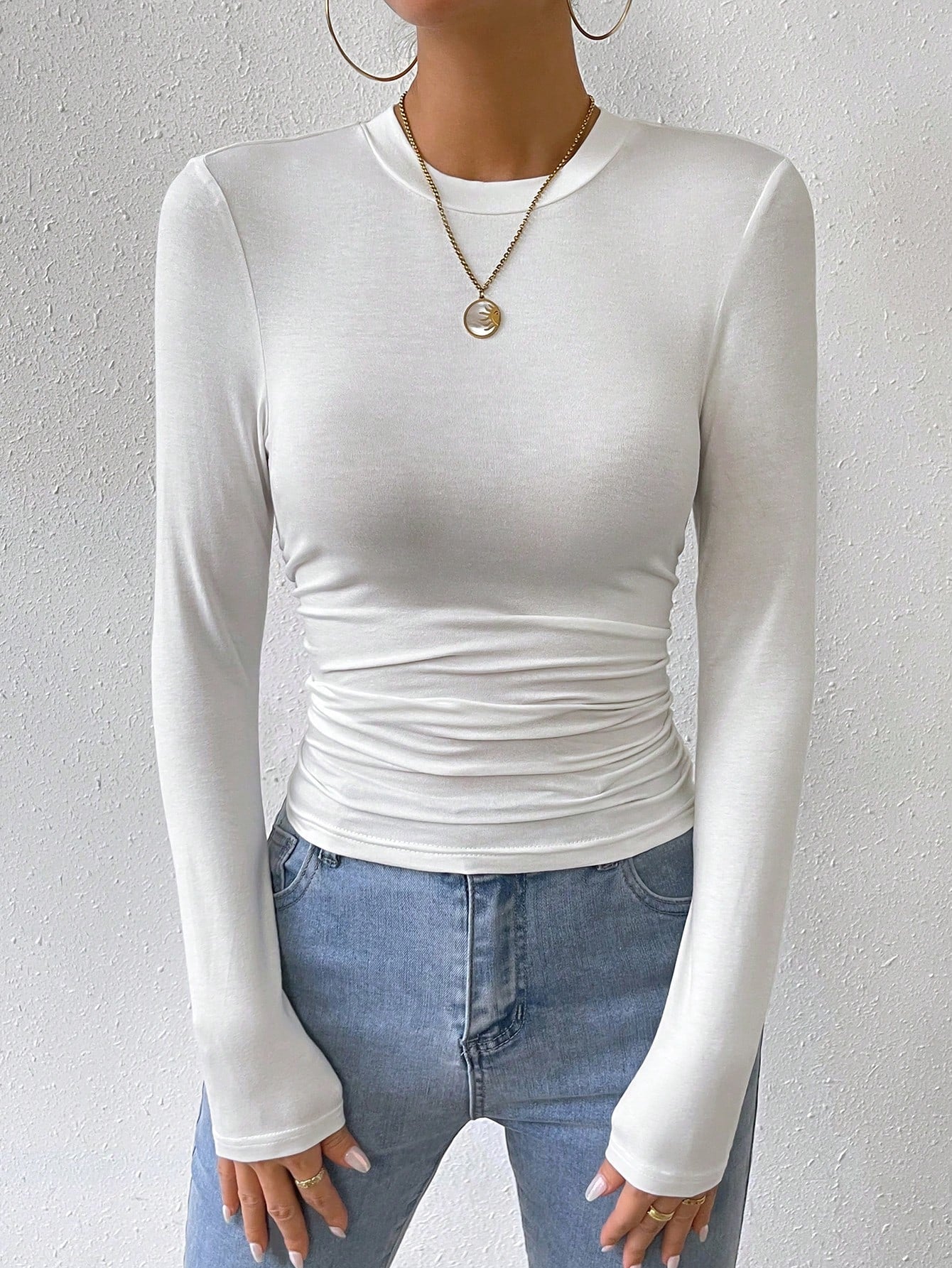 Buy SHEIN Essnce Solid Ruched Slim Fit Tee in Pakistan