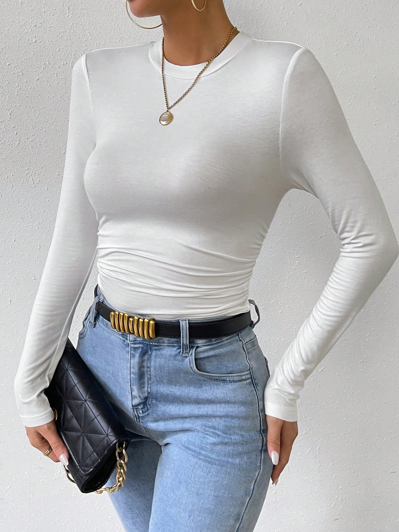 Buy SHEIN Essnce Solid Ruched Slim Fit Tee in Pakistan