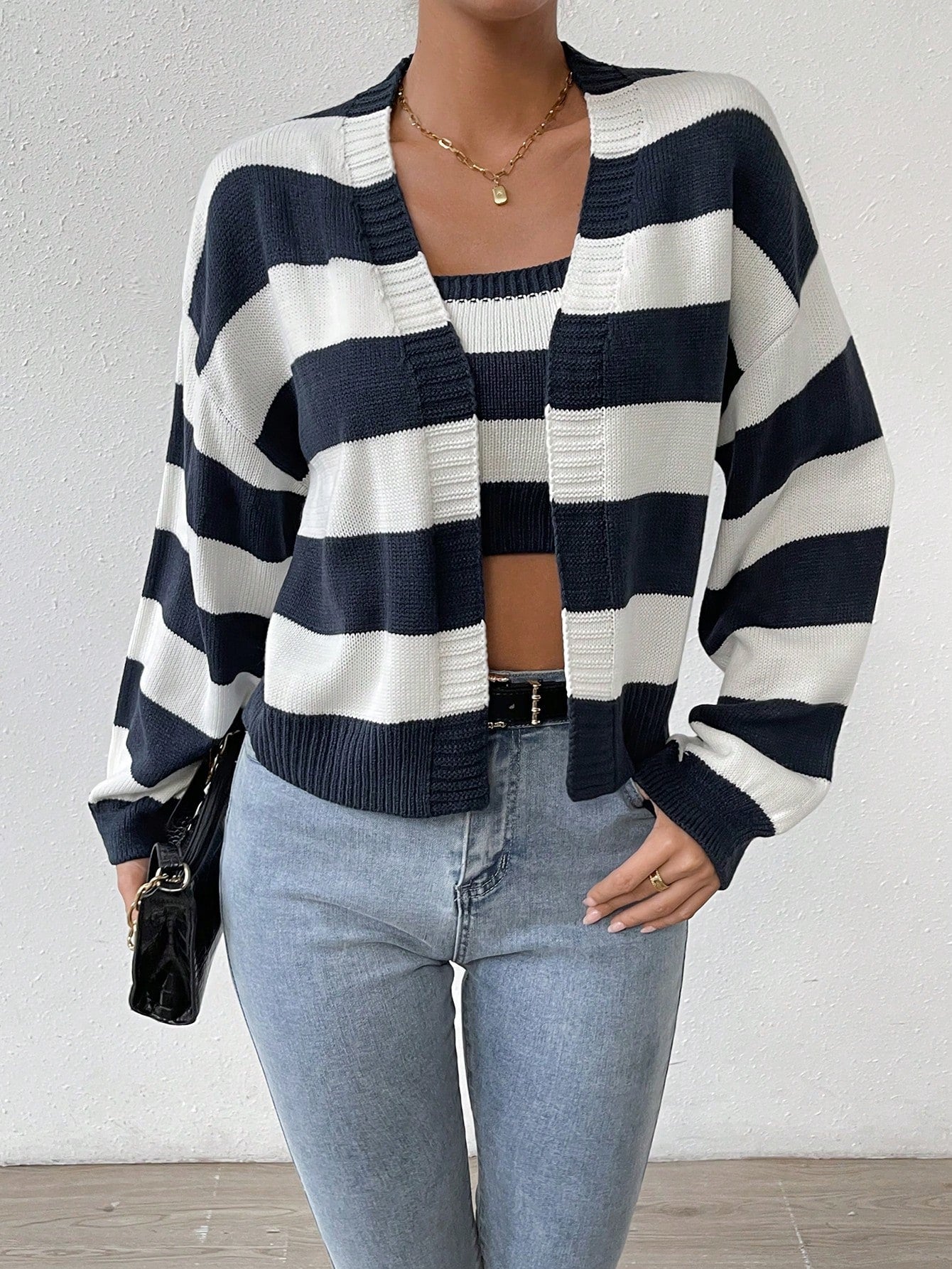 Buy SHEIN Essnce Striped Pattern Drop Shoulder Open Front Cardigan & Cami Knit Top in Pakistan