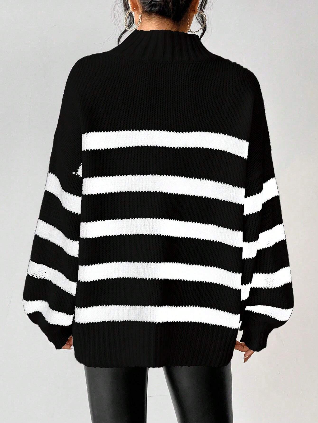 Buy SHEIN Essnce Striped Pattern Mock Neck Drop Shoulder Sweater in Pakistan