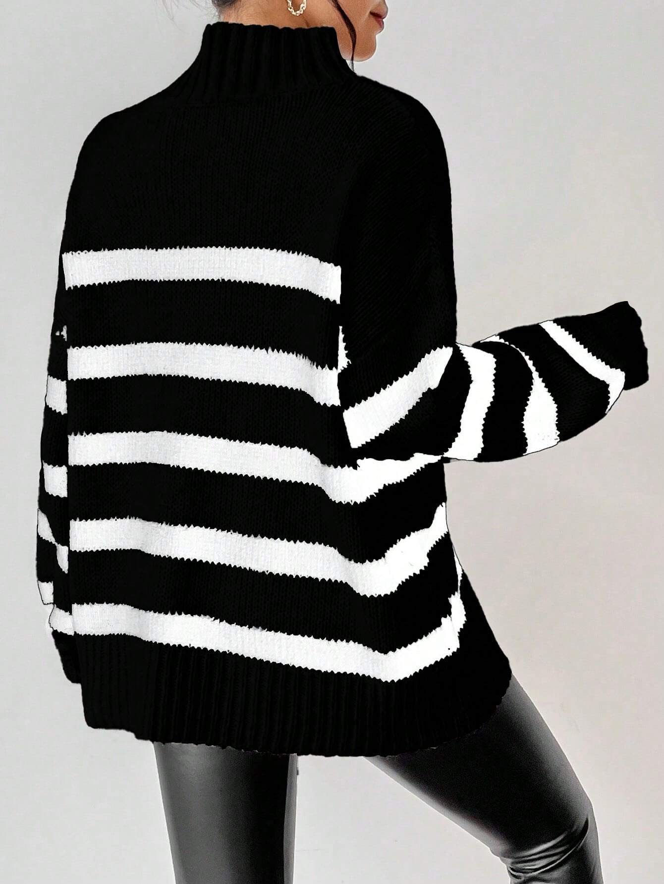 Buy SHEIN Essnce Striped Pattern Mock Neck Drop Shoulder Sweater in Pakistan