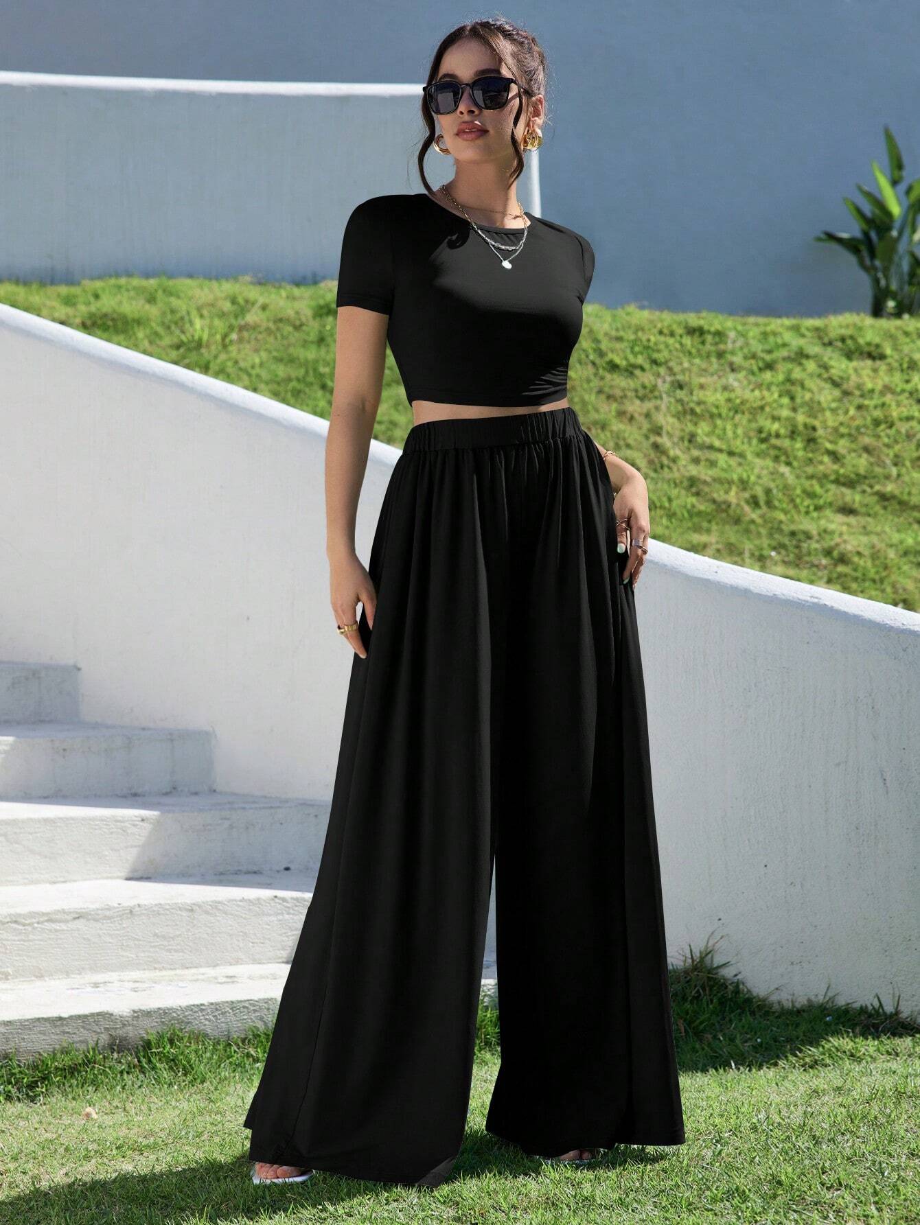 Buy SHEIN Essnce Solid Slim Fit Crop Tee & Fold Pleated Wide Leg Pants in Pakistan