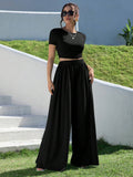 Buy SHEIN Essnce Solid Slim Fit Crop Tee & Fold Pleated Wide Leg Pants in Pakistan